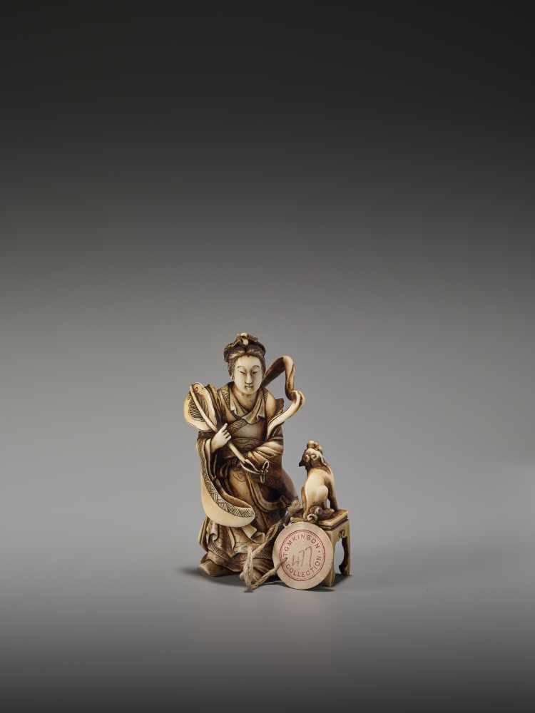 A FINE NETSUKE OKIMONO OF A CHINESE IMMORTAL WITH MYTHICAL DOG BY TEIMINBy Teimin, ivory okimono-