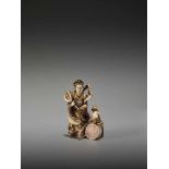 A FINE NETSUKE OKIMONO OF A CHINESE IMMORTAL WITH MYTHICAL DOG BY TEIMINBy Teimin, ivory okimono-