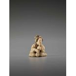 AN IVORY SHUNGA NETSUKE OF A LADY WITH MUSHROOM BY EIRAKUSAIBy Eirakusai, ivory shunga netsukeJapan,