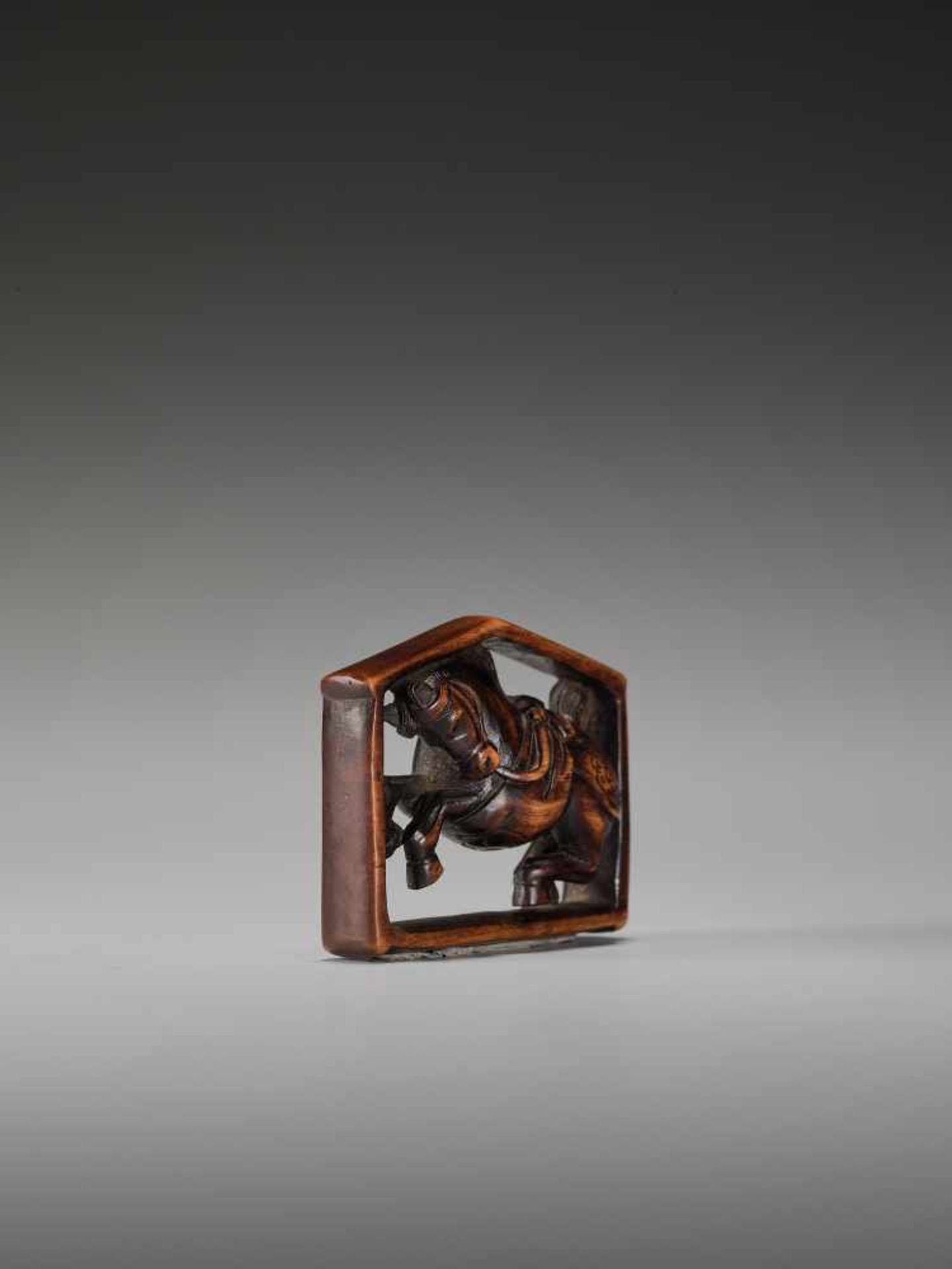 AN UNUSUAL WOOD NETSUKE OF A HORSE IN A WINDOWUnsigned, wood netsukeJapan, 19th century, Edo - Image 6 of 7