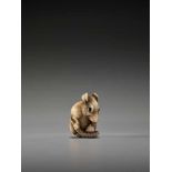 A POWERFUL KYOTO SCHOOL IVORY NETSUKE OF A RAT WITH A BEAN PODUnsigned, ivory netsukeJapan, Kyoto,