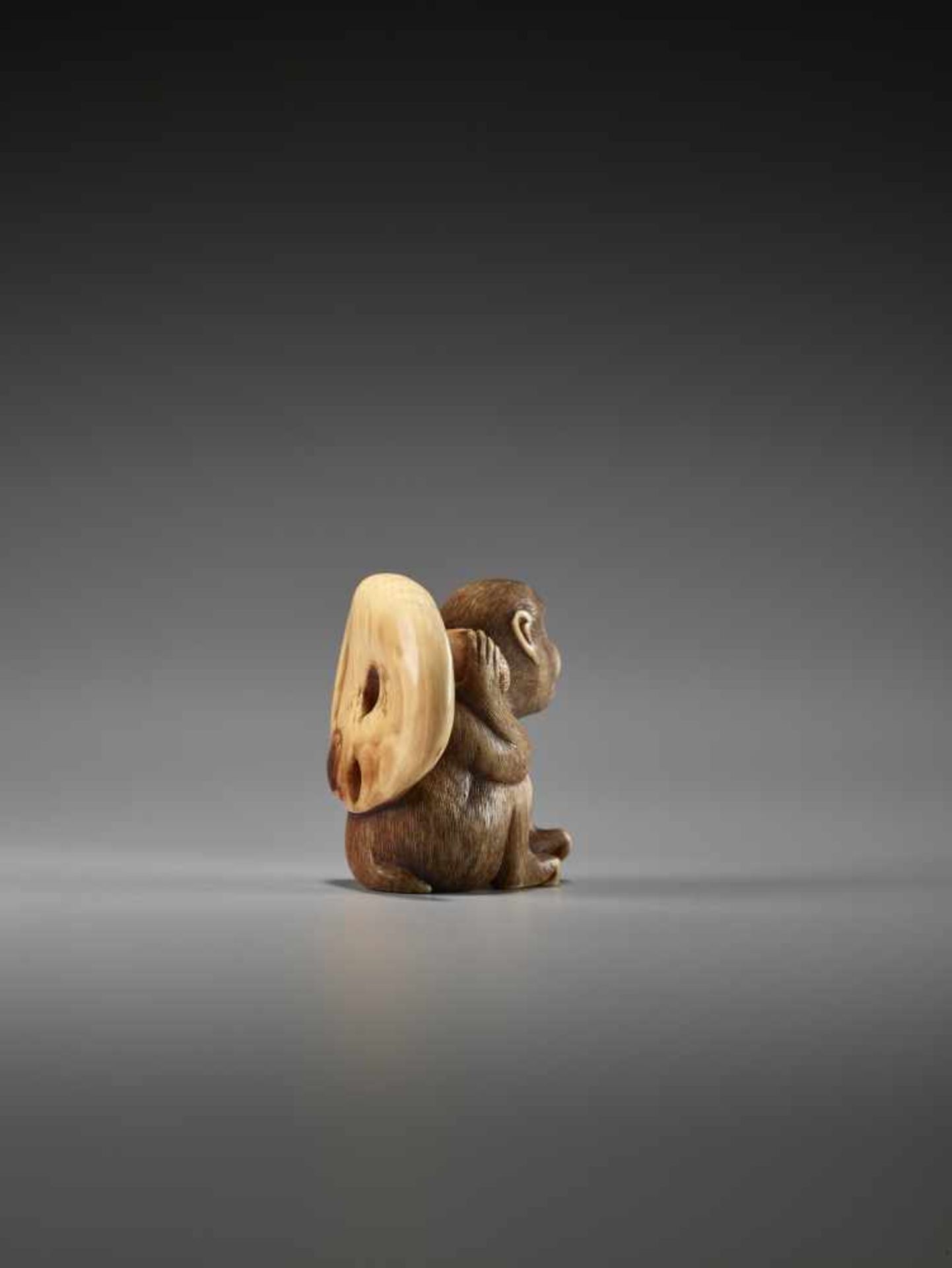 A FINE IVORY NETSUKE OF A MONKEY CARRYING A LARGE MUSHROOMUnsigned, ivory netsukeJapan, 19th - Bild 5 aus 7