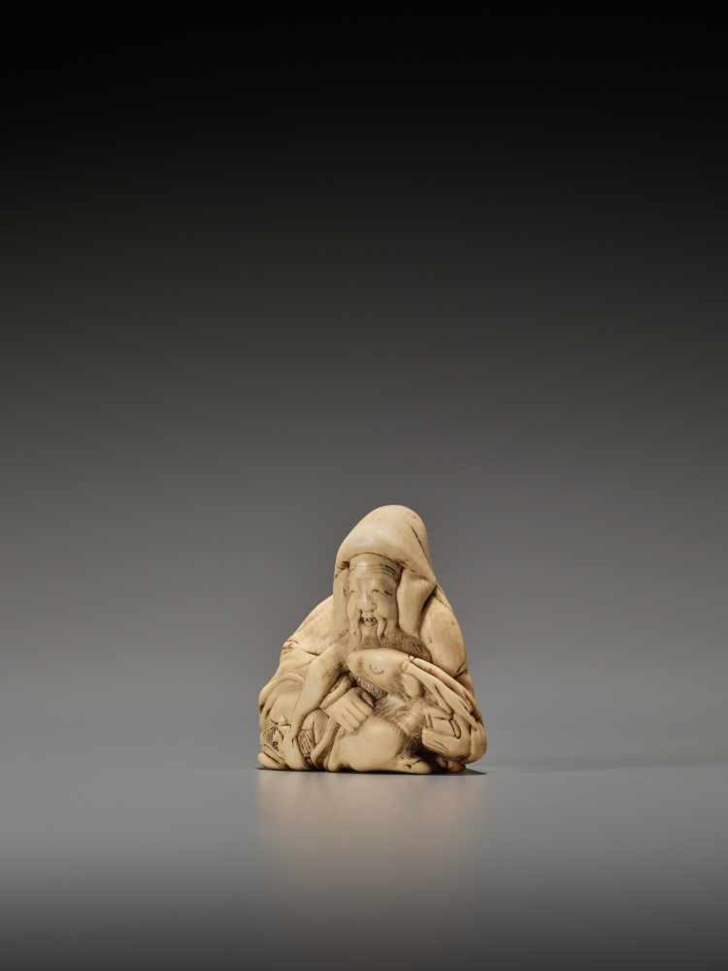 AN IVORY NETSUKE OF JUROJIN WITH STAGUnsigned, ivory netsukeJapan, 19th century, Edo period (1615- - Image 3 of 7