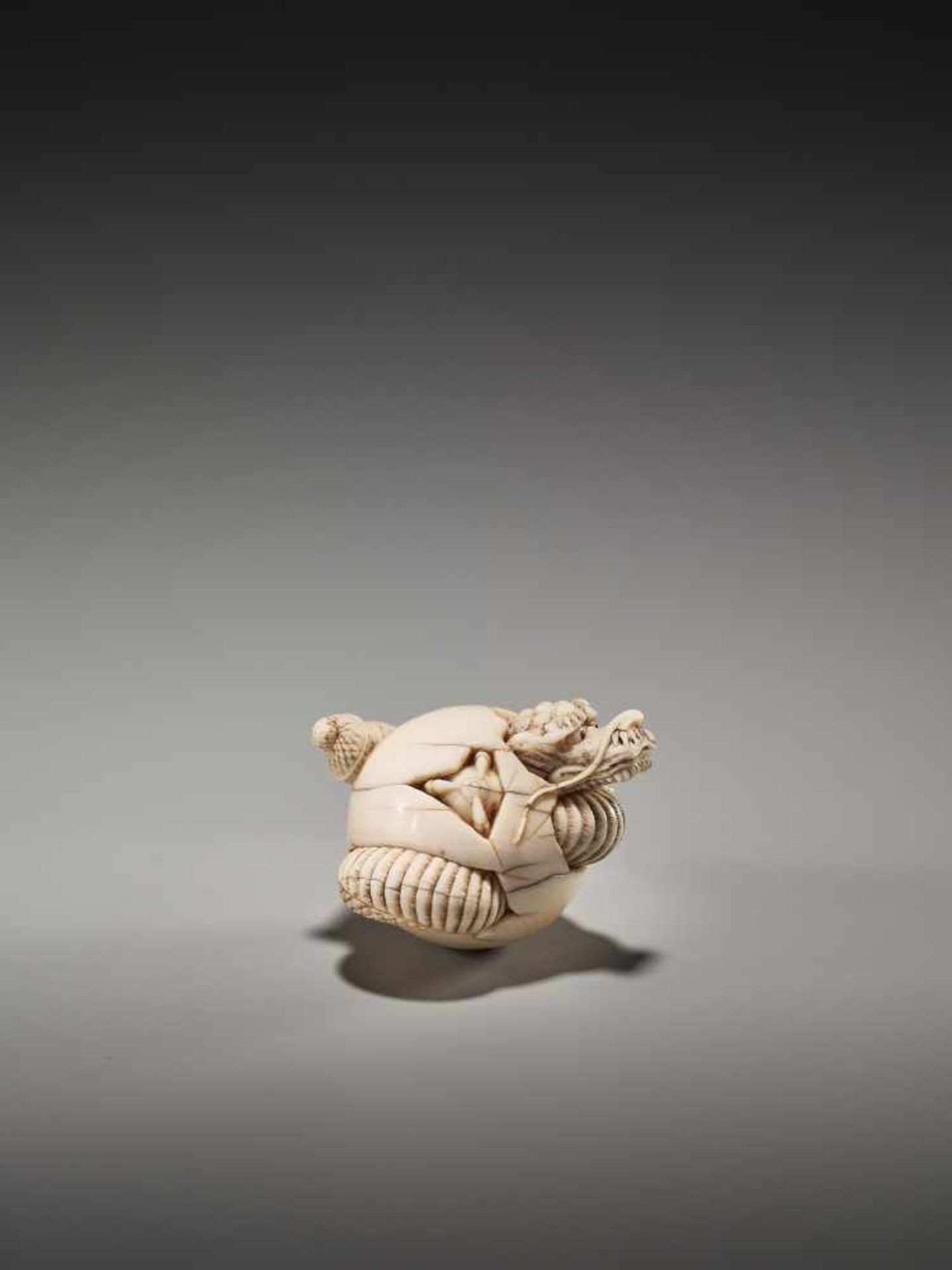 A VERY RARE IVORY NETSUKE OF A DRAGON HATCHING FROM AN EGG BY ICHISHIDO MASAKAZUBy Ichishido