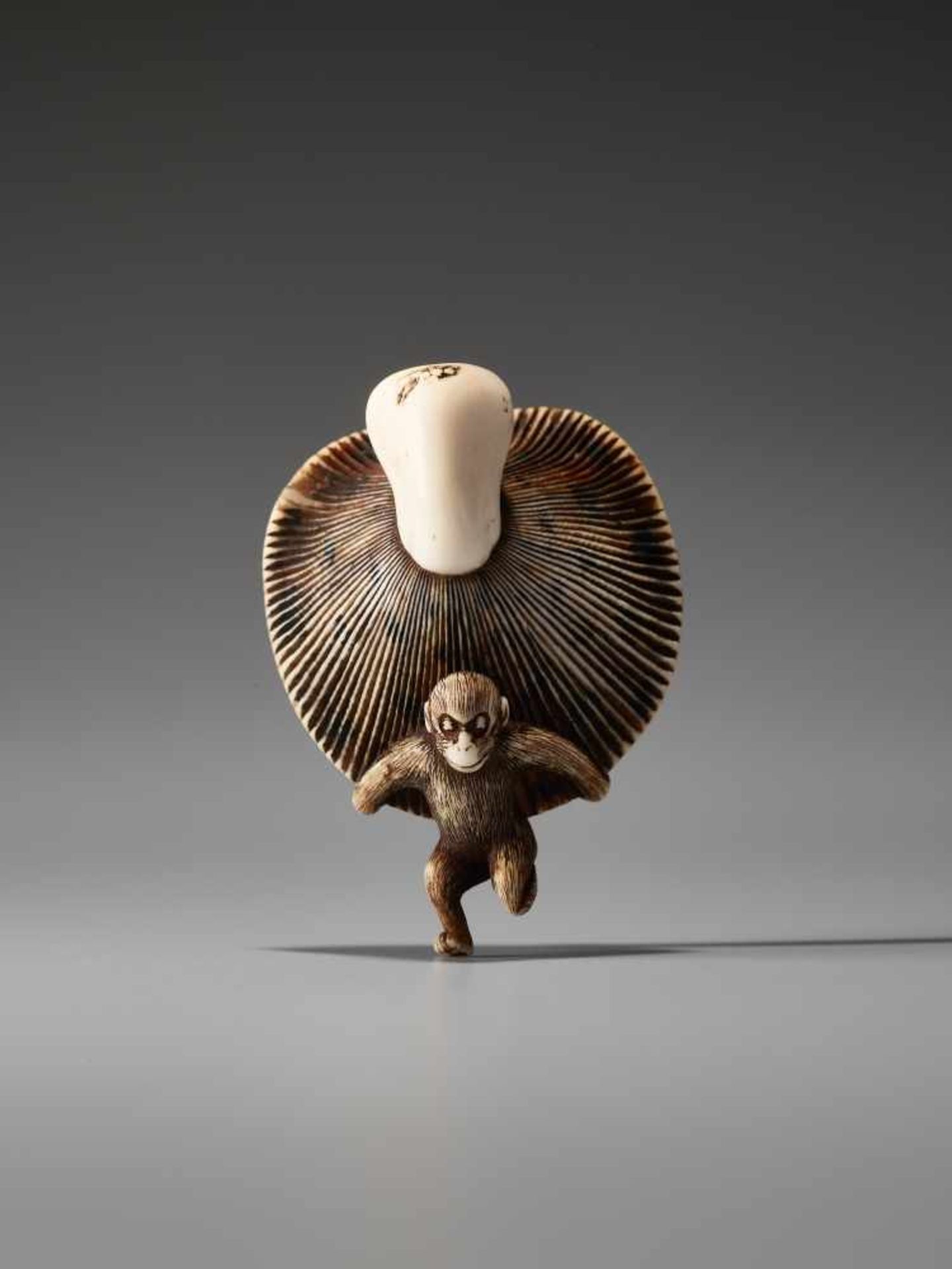 AN AMUSING IVORY NETSUKE OF A SMALL MONKEY CARRYING A LARGE MUSHROOMUnsigned, ivory netsukeJapan,
