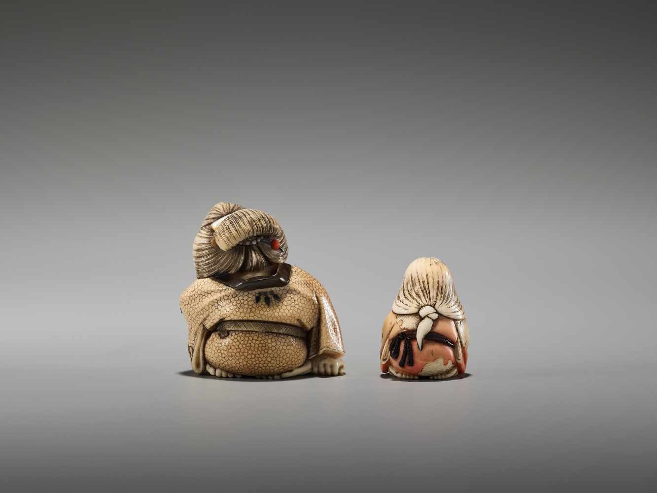 TWO IVORY TOKYO-SCHOOL NETSUKE DEPICTING OKAME BY YASUMASA AND YASUAKIBy Yasuaki (Homei) and - Image 5 of 9