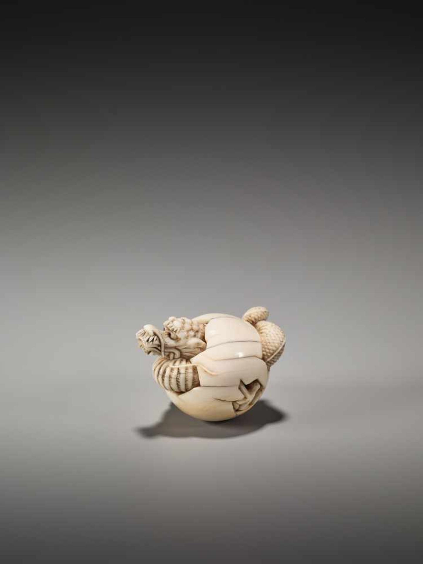 A VERY RARE IVORY NETSUKE OF A DRAGON HATCHING FROM AN EGG BY ICHISHIDO MASAKAZUBy Ichishido - Bild 4 aus 10