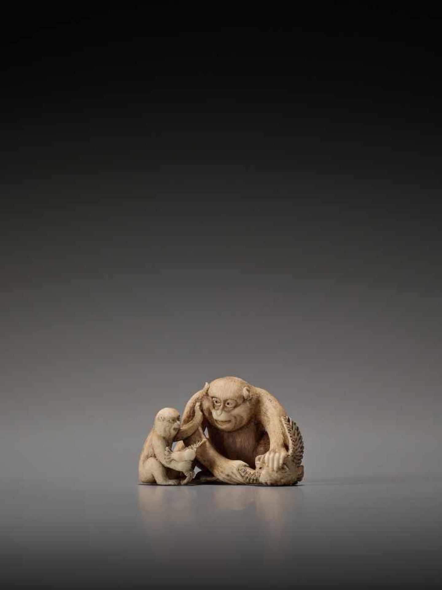 AN IVORY NETSUKE OF A MONKEY TEACHING HIS YOUNG BY SEIGYOKUBy Seigyoku, ivory netsukeJapan, late