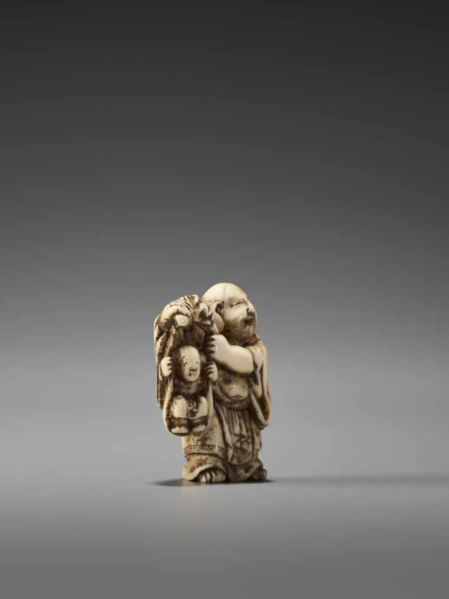 AN IVORY NETSUKE OF HOTEI AND A BOY BY MASATOSHIBy Masatoshi, ivory netsukeJapan, Tokyo, mid-19th - Image 5 of 7