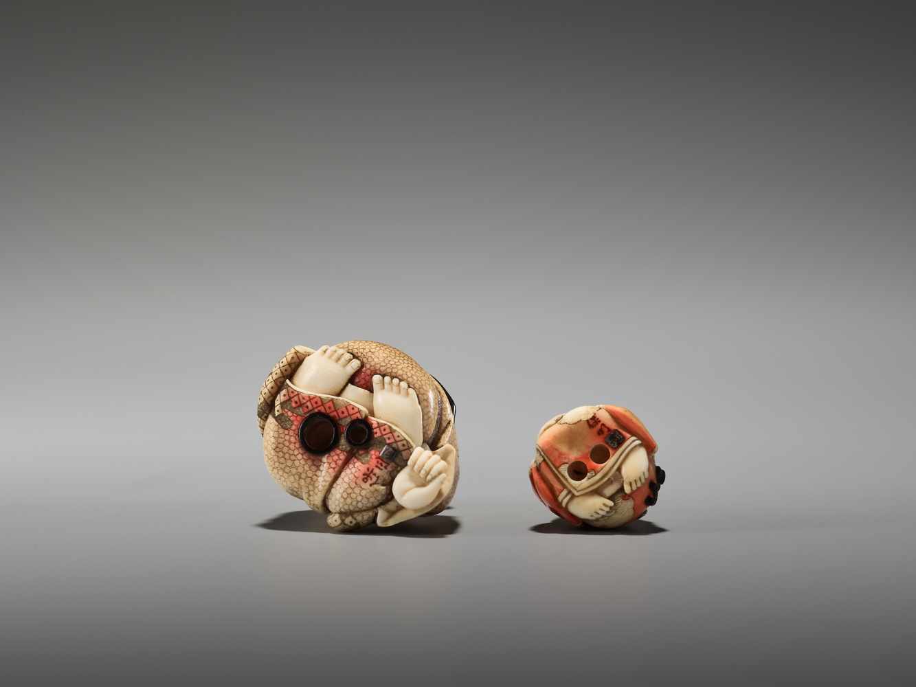 TWO IVORY TOKYO-SCHOOL NETSUKE DEPICTING OKAME BY YASUMASA AND YASUAKIBy Yasuaki (Homei) and - Image 7 of 9