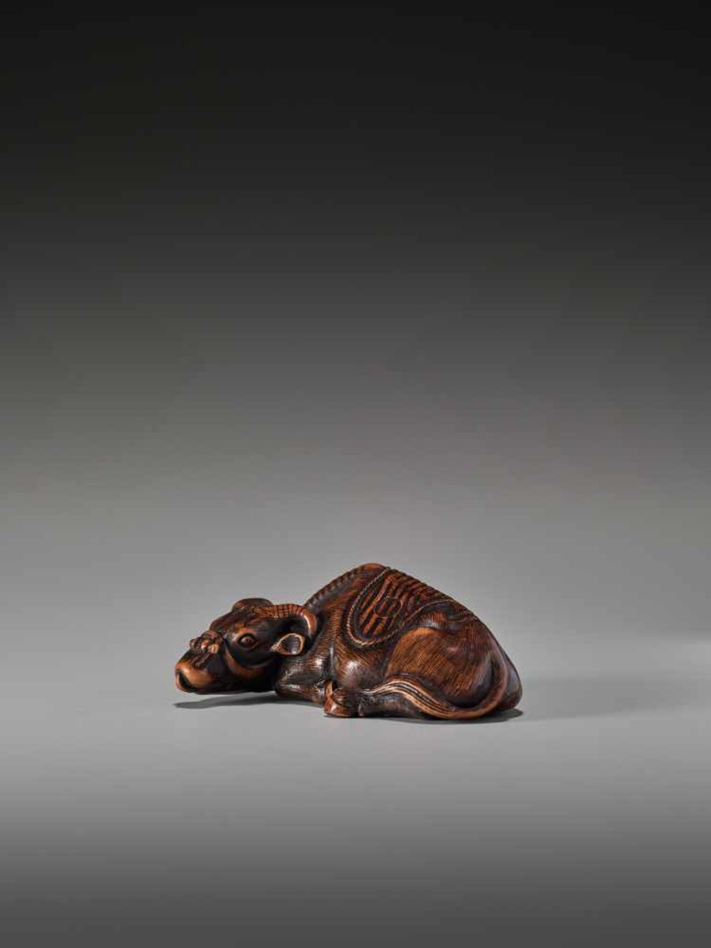 A RARE WOOD NETSUKE OF A RECUMBENT OX SIGNED TOMOTADASigned Tomotada, wood netsukeJapan, 19th - Bild 3 aus 8