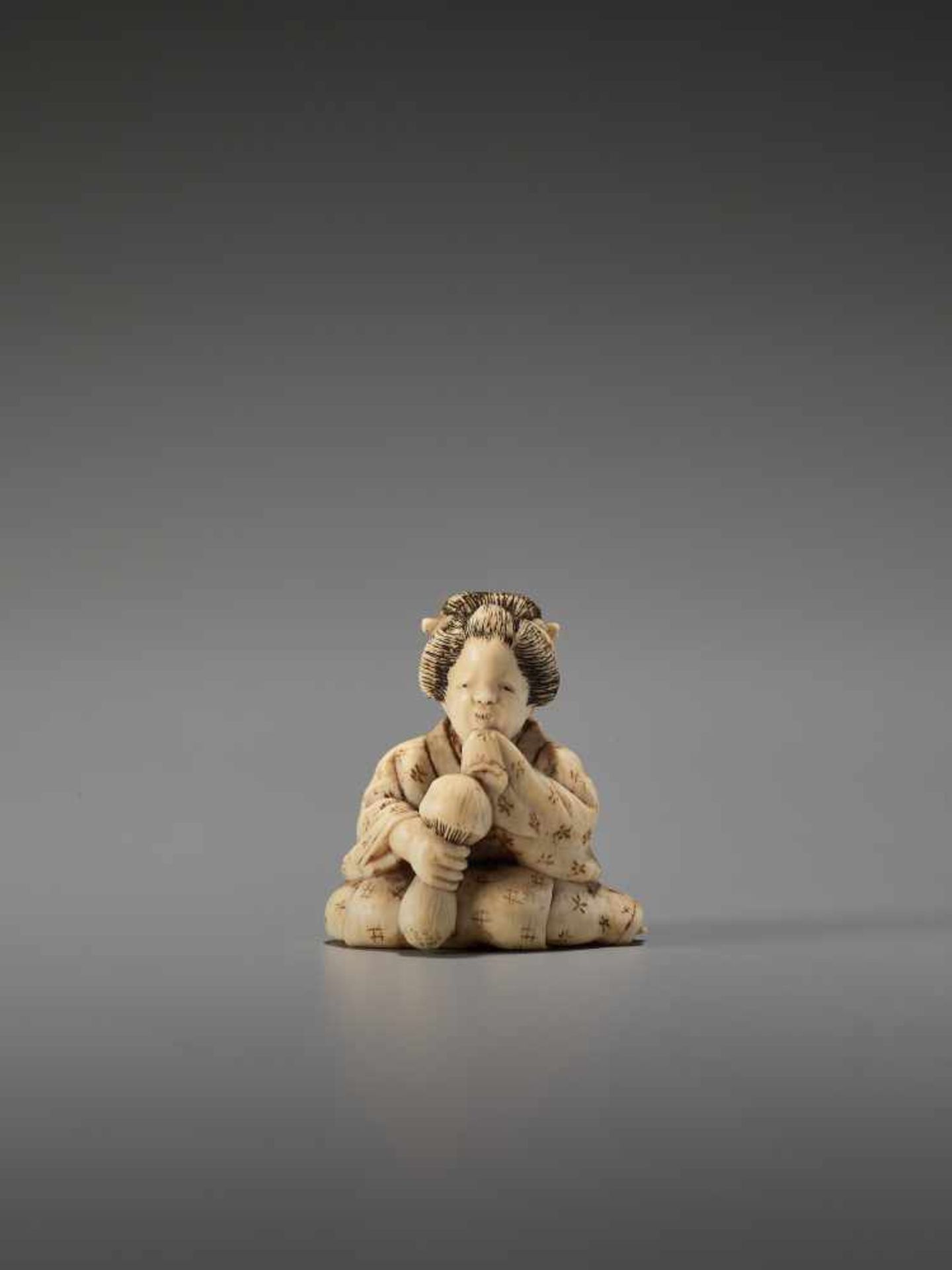 AN IVORY SHUNGA NETSUKE OF A LADY WITH MUSHROOM BY EIRAKUSAIBy Eirakusai, ivory shunga netsukeJapan, - Image 2 of 7