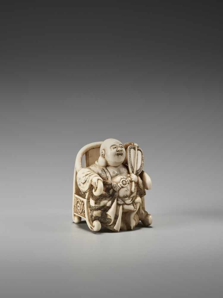 AN UNUSUAL IVORY NETSUKE OF HOTEI ON A THRONE BY CHIKUSAIBy Chikusai, ivory netsukeJapan, mid-19th - Image 6 of 9