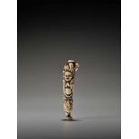 A RARE STAG ANTLER NETSUKE OF IKKAKU SENNIN WITH SENDA BUNINUnsigned, stag antler netsukeJapan, late