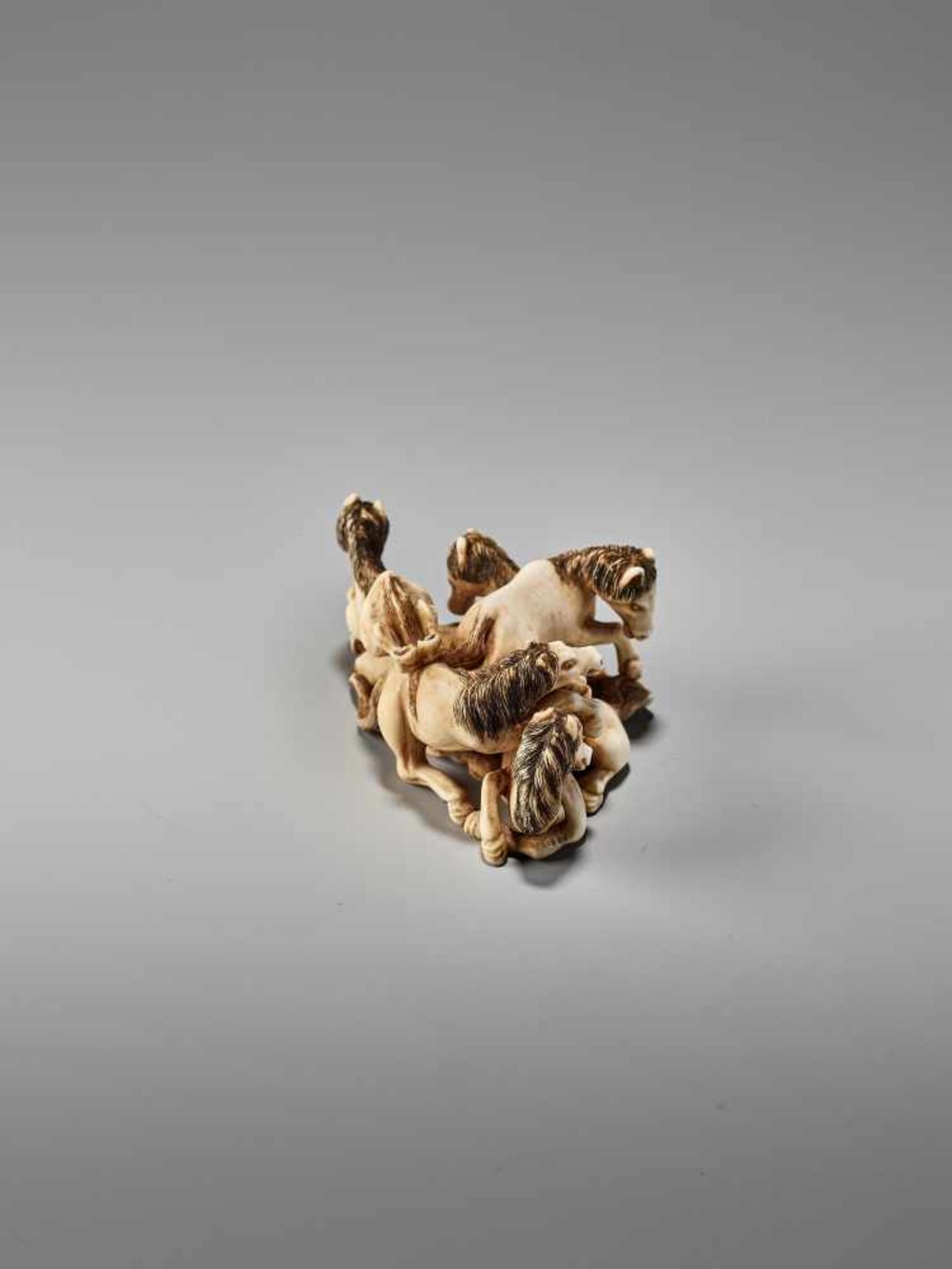 AN IVORY NETSUKE OF FIVE STALLIONS BY SHOGETSUBy Shogetsu, ivory netsukeJapan, mid-19th century, Edo - Image 4 of 8