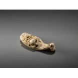 AN UNUSUAL IVORY NETSUKE OF HOTEI LAUGHING AND A BOY BY YASUHIDEBy Yasuhide, ivory netsukeJapan,