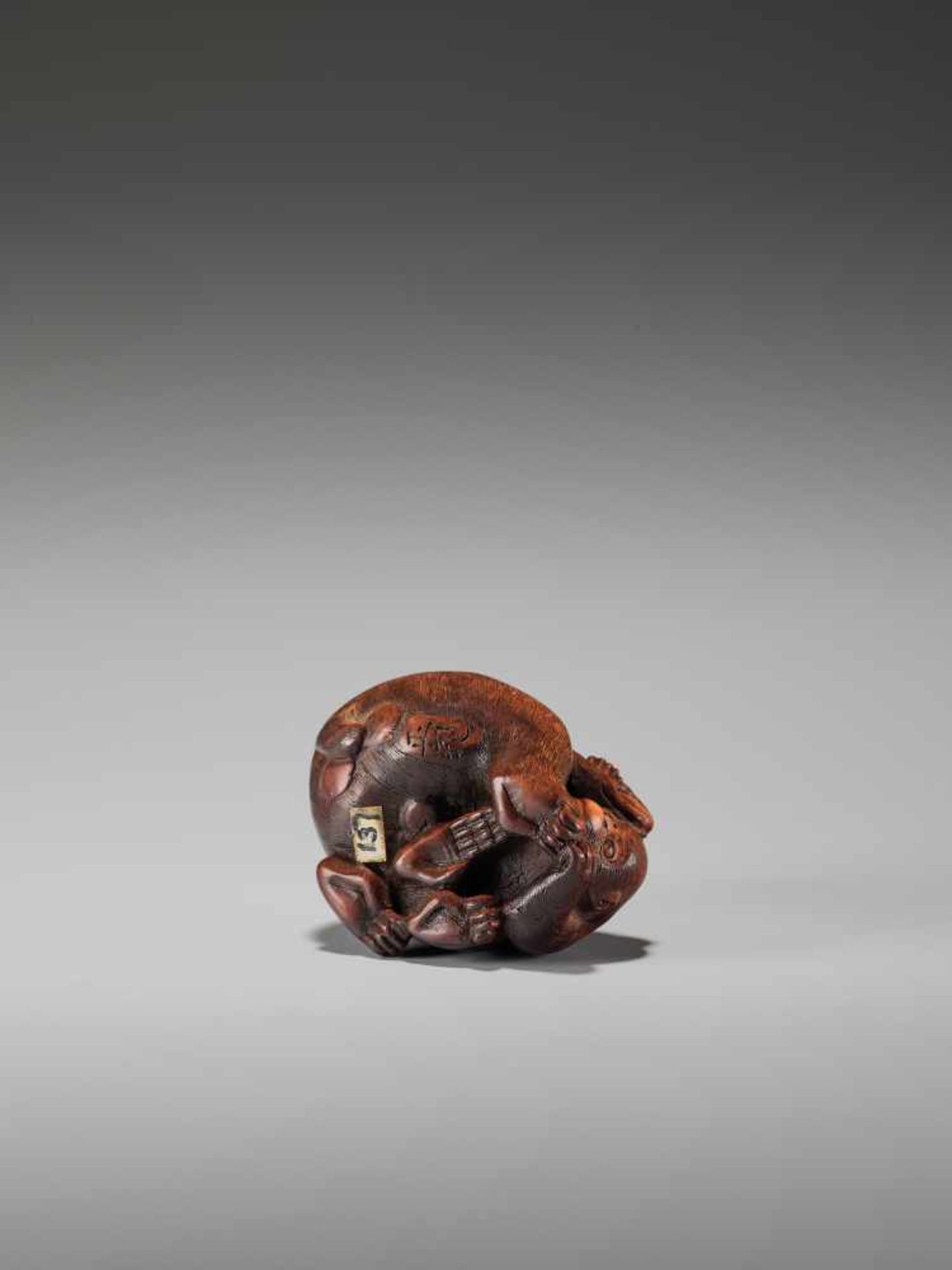 AN UNUSUAL WOOD NETSUKE OF A BLIND MONKEY FIGHTING ANOTHER MONKEY BY MASACHIKABy Masachika, wood - Image 3 of 13