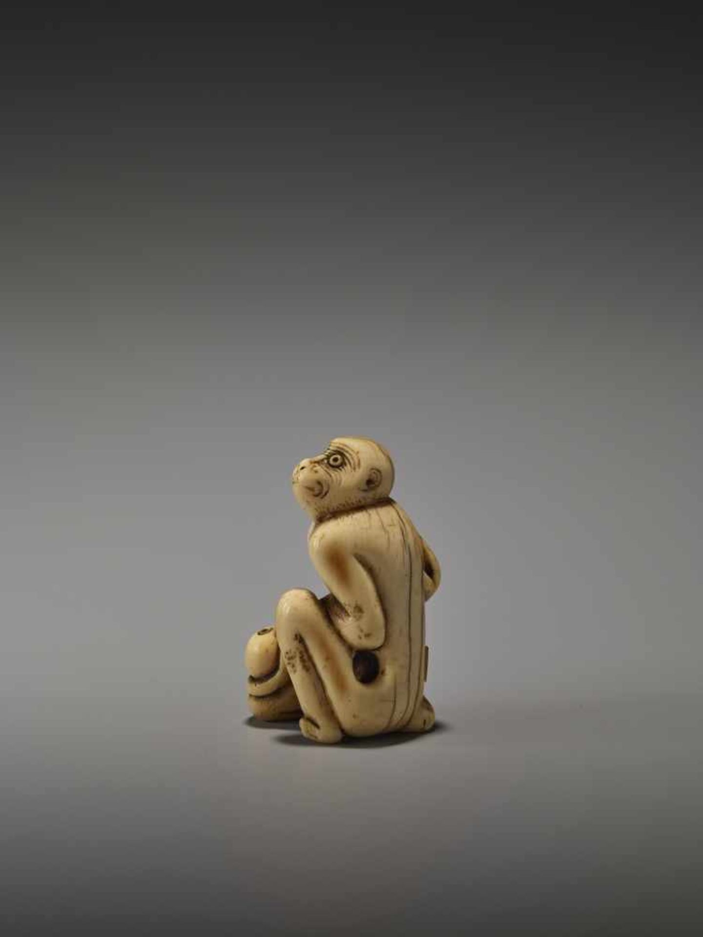 A RARE AND EARLY IVORY NETSUKE OF TWO MONKEYSUnsigned, ivory netsukeJapan, 18th century, Edo - Bild 4 aus 9