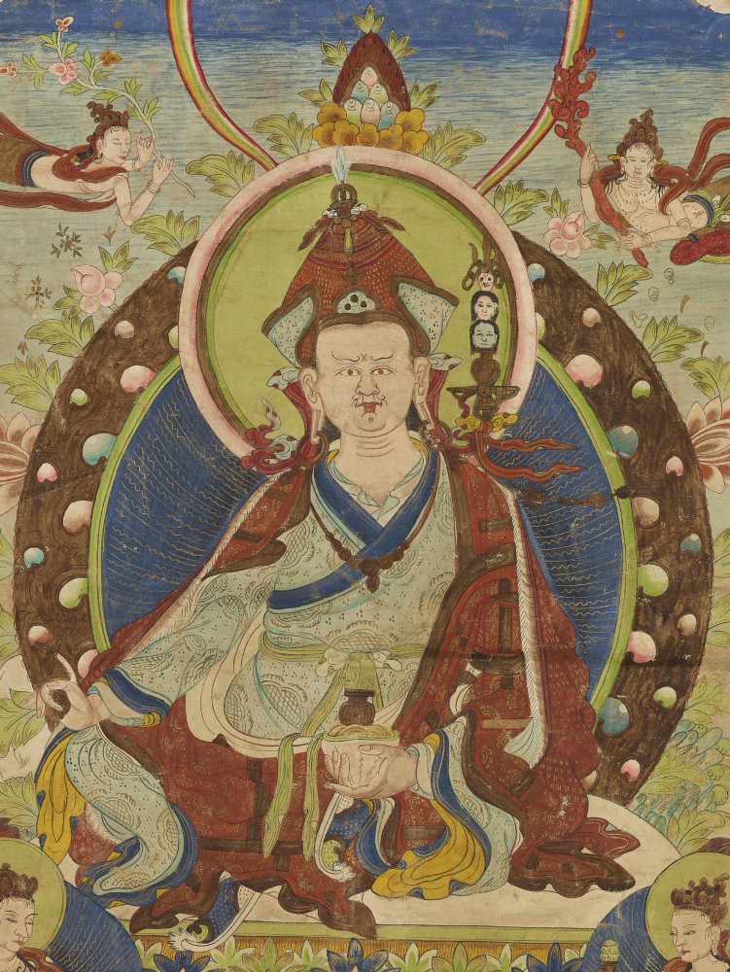 A PADMASAMBHAVA THANGKA EARLY 1800sTibet, circa 1800. Seated on a throne, his hands in varada- and - Image 3 of 6