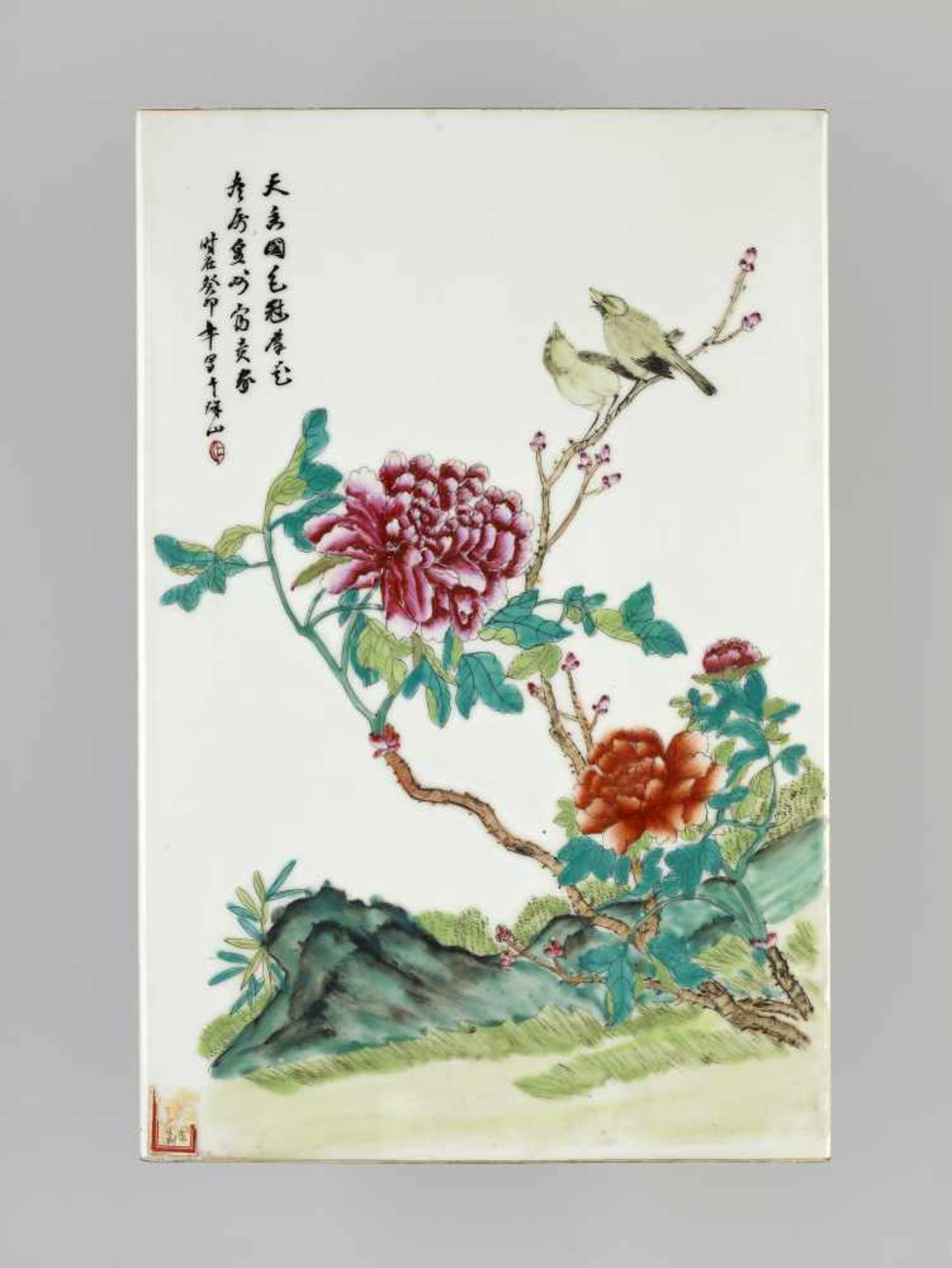 A SPRING PLAQUE, PORCELAIN, 1903 China, cyclical dating guimao (1903). Painted in vivid Famille Rose