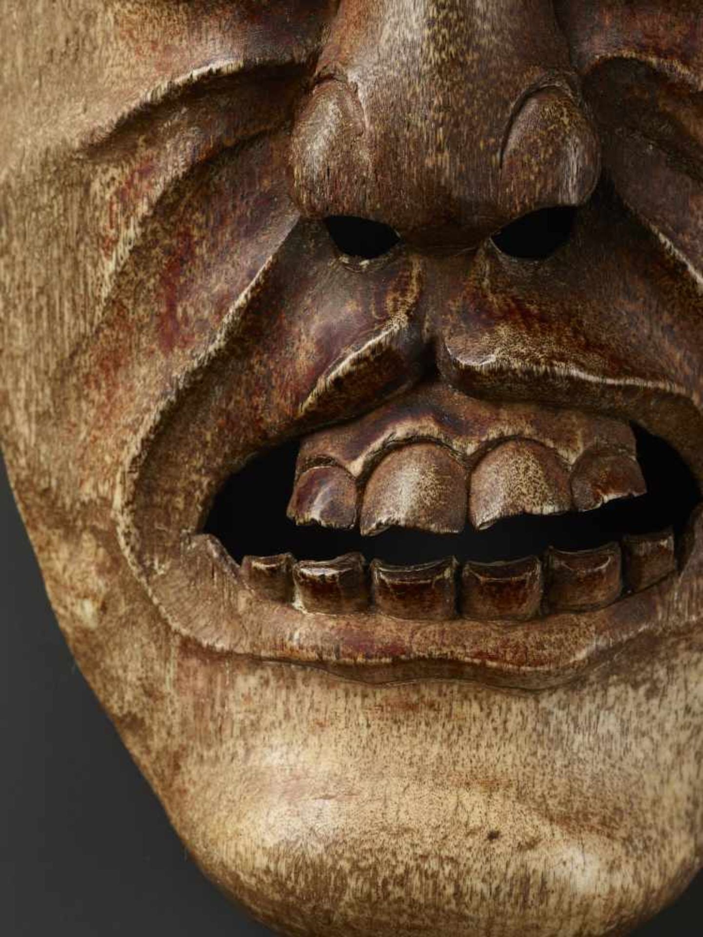 A TIBETAN YAK BONE SHAMAN MASK Tibet, 18th-19th century. Vigorously carved openwork mask with - Image 3 of 6