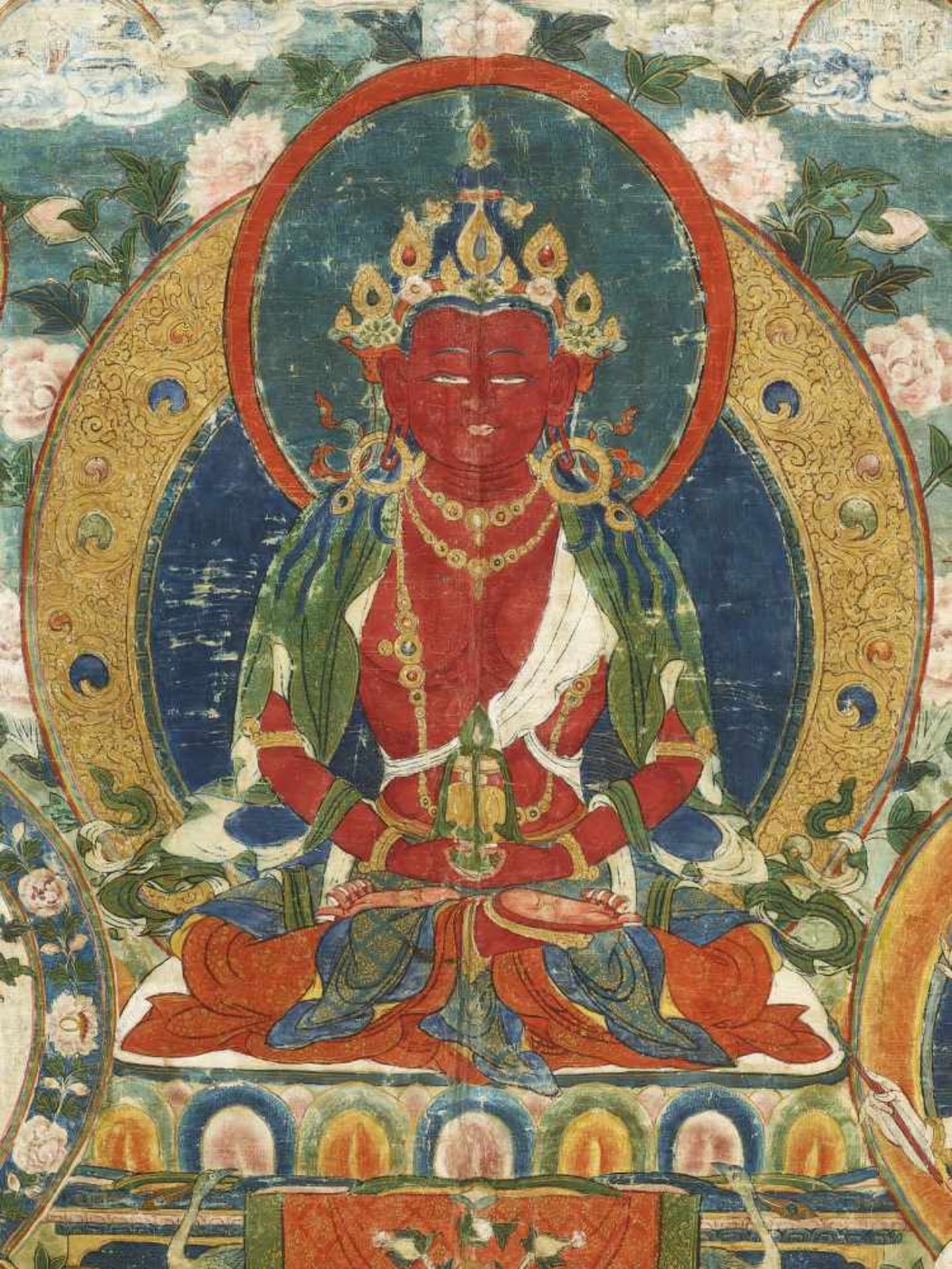 A LARGE AMITAYUS THANGKA 18TH CENTURYTibet. A very large Thangka in Chinese brocade mounting. - Image 2 of 10