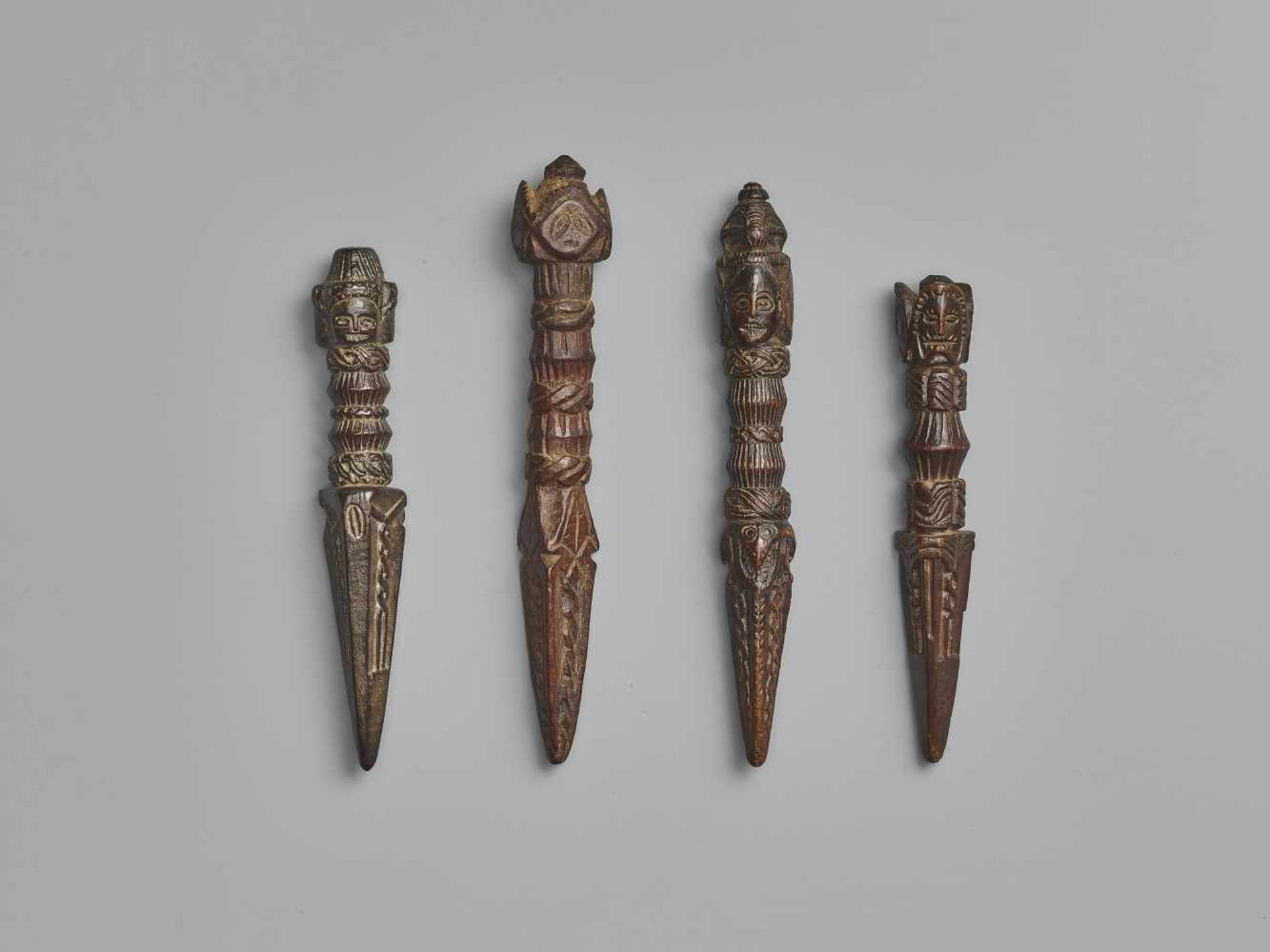 FOUR NEPALESE CARVED WOOD PHURBUSNepal, 17th-19th century. This lot comprises four phurbus, each - Image 3 of 7