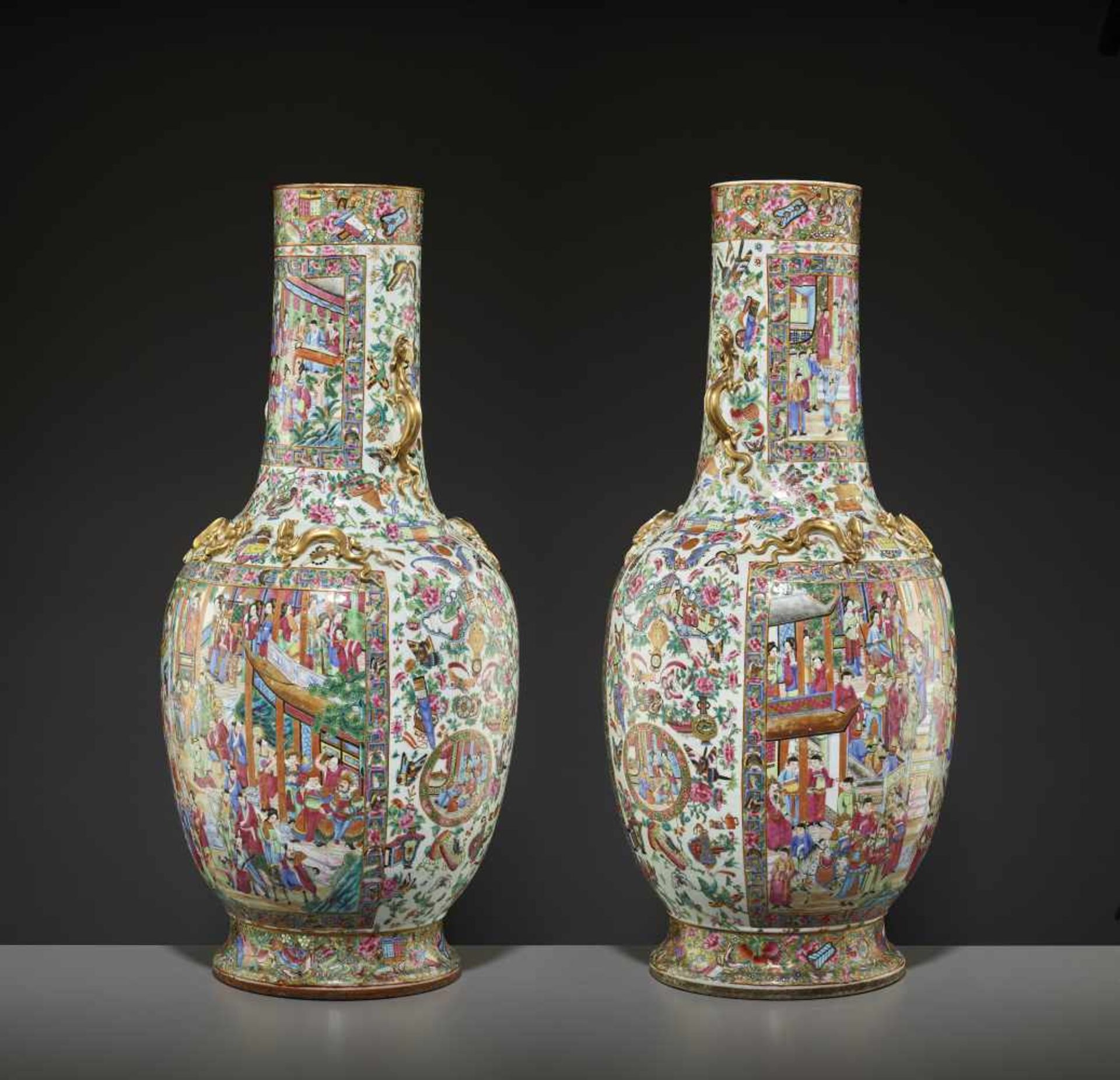TWO LARGE WATER MARGIN VASES, 1850sChina, mid-19th century. Painted in bright enamels from the - Image 2 of 21