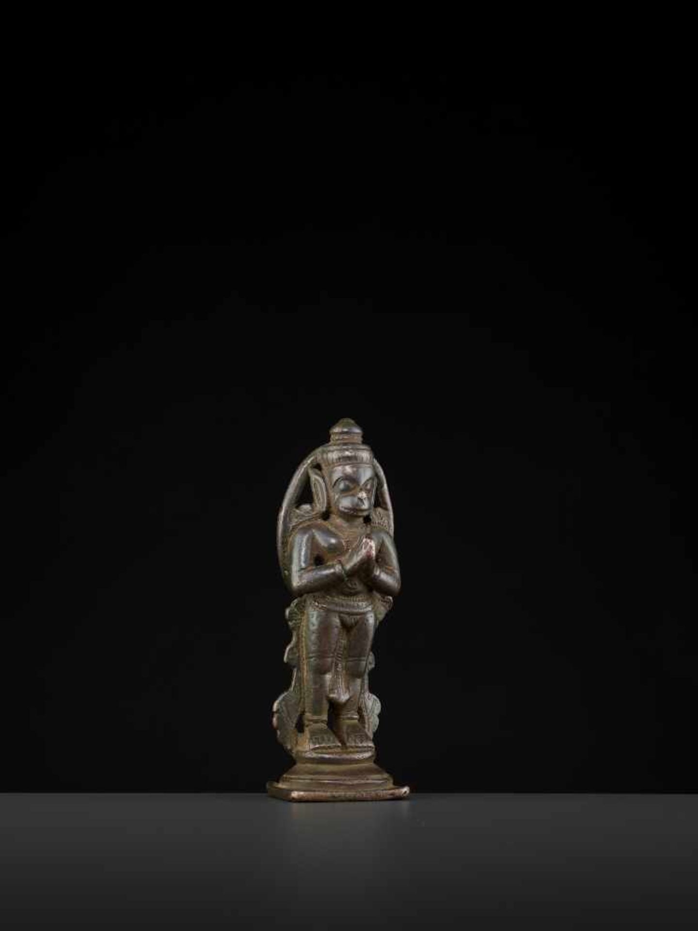 A HANUMAN BRONZE 17TH CENTURYIndia, 17th-18th century. This miniature bronze depicts Hanuman in a - Image 6 of 7
