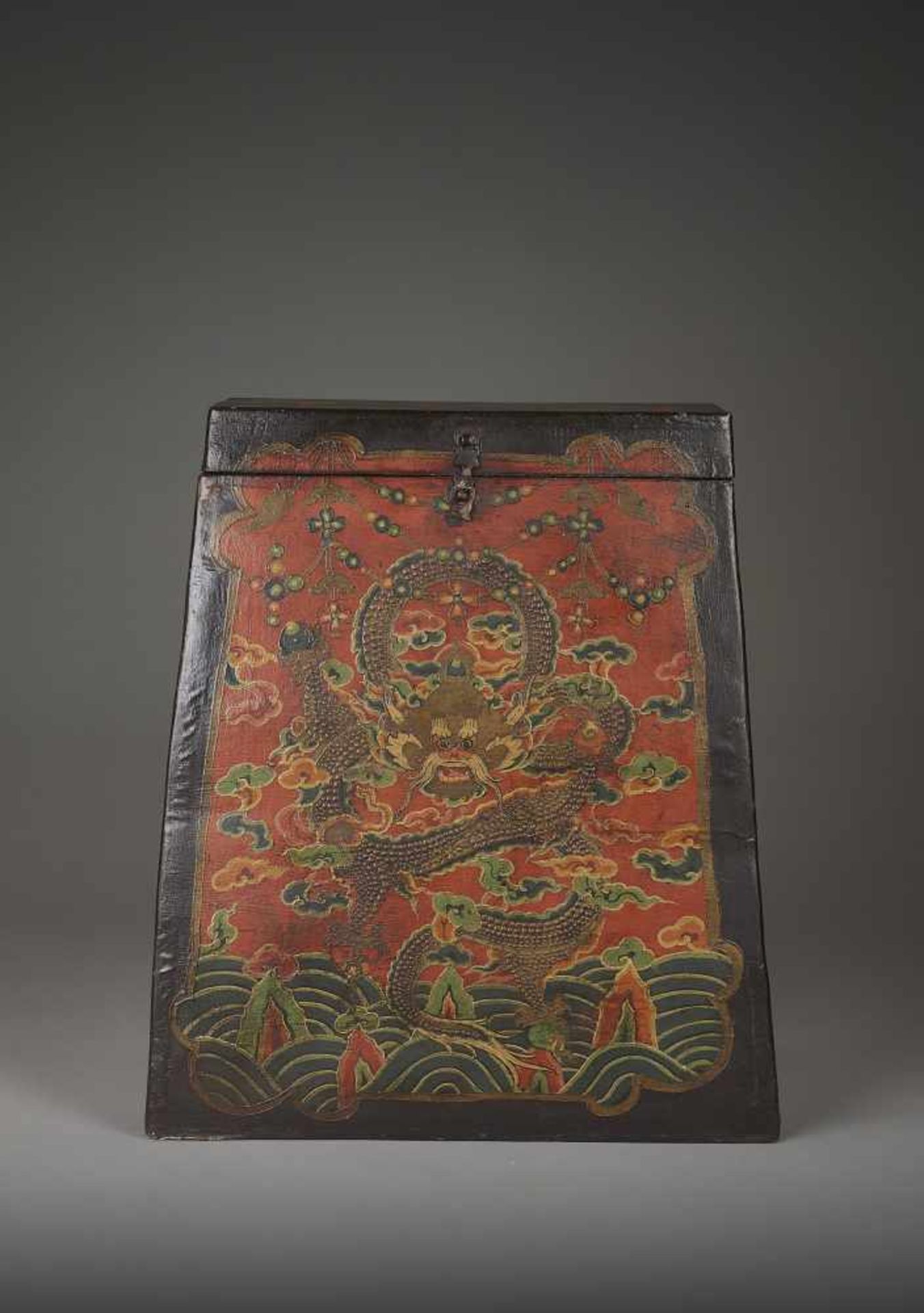 A WOOD & LACQUER SCROLL BOX, QINGChina, 19th century. Fine painting with a confronting five-clawed - Image 3 of 9