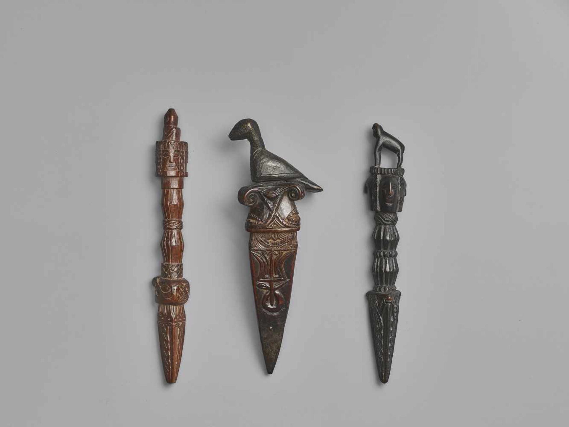 THREE NEPALESE CARVED WOOD PHURBUSNepal, 17th-19th century. This lot comprises three phurbus, two - Image 2 of 6