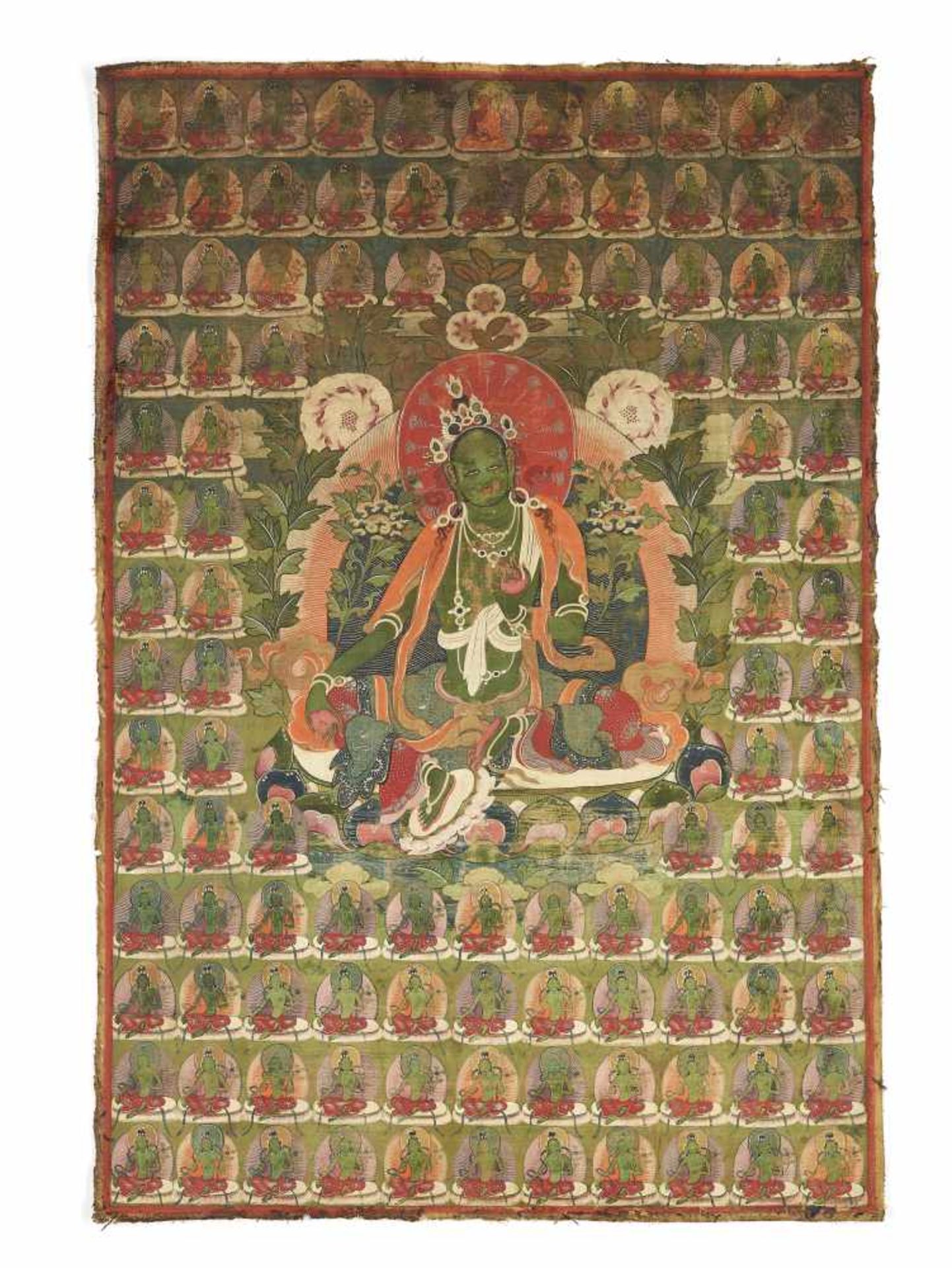 A GREEN TARA THANGKA 19TH CENTURYTibet. The bodhisattva in lalitasana, wearing elegant jewelry,