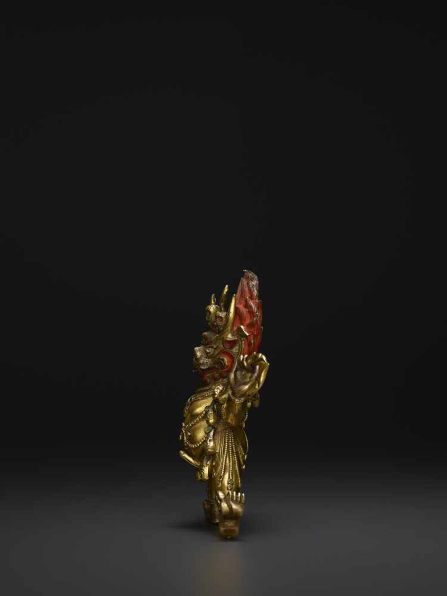 A TIBETAN BRONZE YAMA DHARMARAJA18th century. Fire gilt and incised bronze statue with dramatic cold - Image 4 of 8