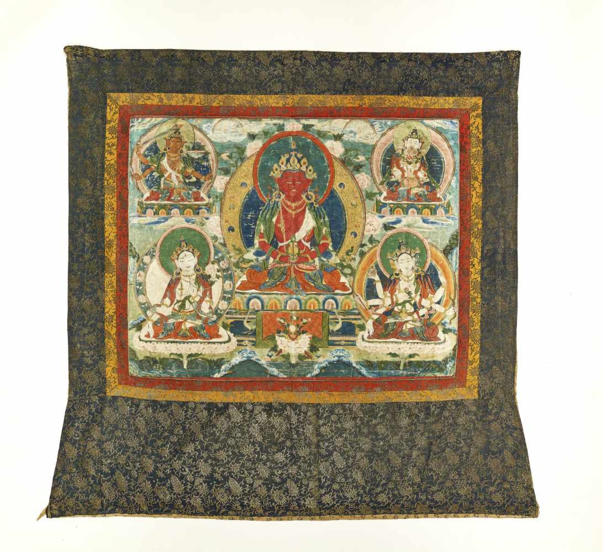 A LARGE AMITAYUS THANGKA 18TH CENTURYTibet. A very large Thangka in Chinese brocade mounting.