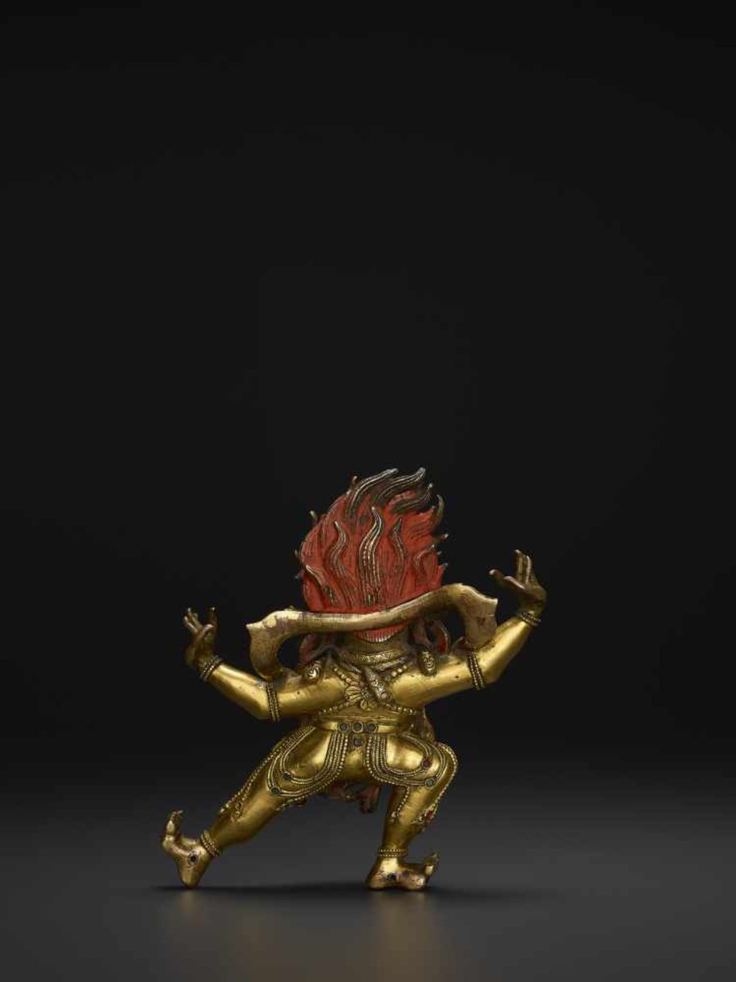 A TIBETAN BRONZE YAMA DHARMARAJA18th century. Fire gilt and incised bronze statue with dramatic cold - Image 5 of 8