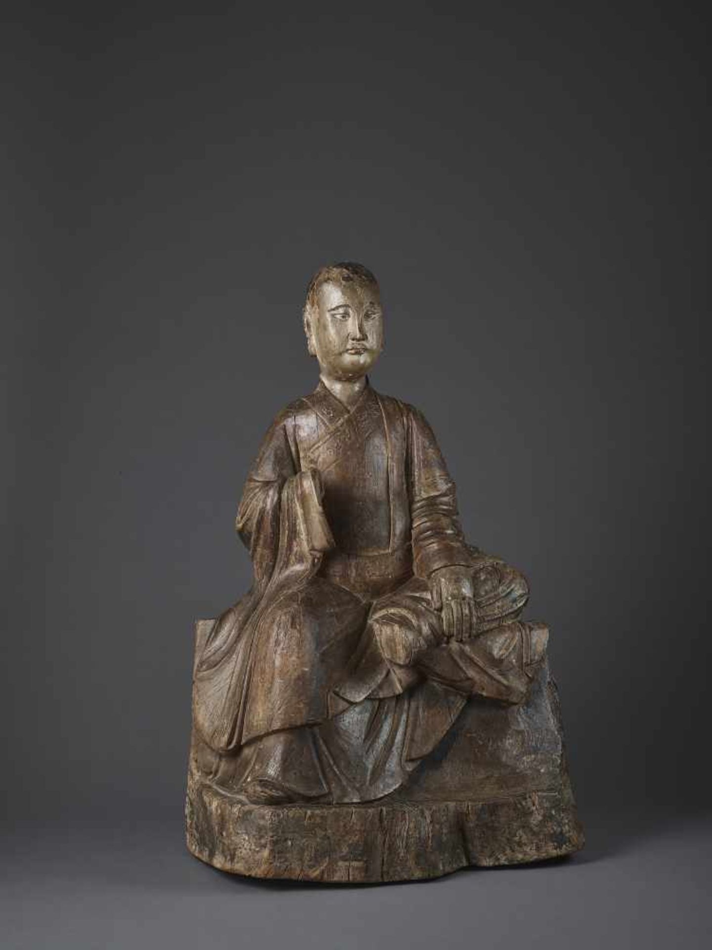 A MING WOOD AND GESSO MAUDGALYAYANA China, Ming Dynasty (1368-1644). Masterly carved, highlighted - Image 3 of 12