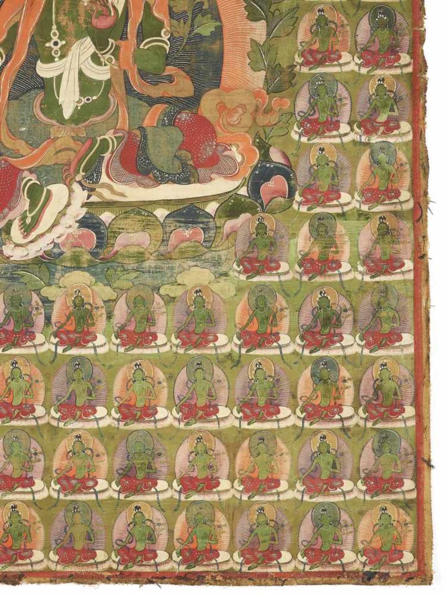 A GREEN TARA THANGKA 19TH CENTURYTibet. The bodhisattva in lalitasana, wearing elegant jewelry, - Image 3 of 4