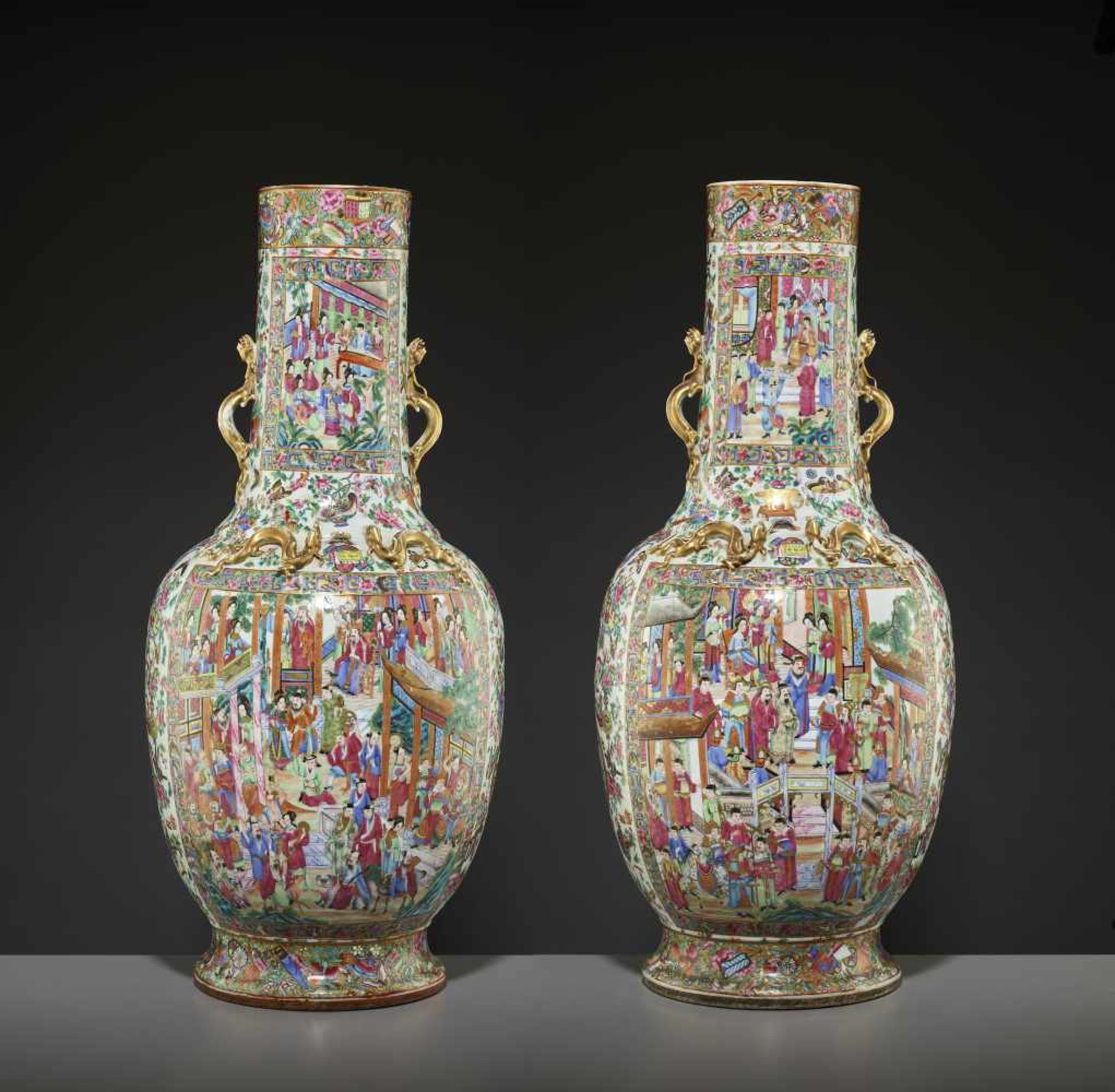 TWO LARGE WATER MARGIN VASES, 1850sChina, mid-19th century. Painted in bright enamels from the