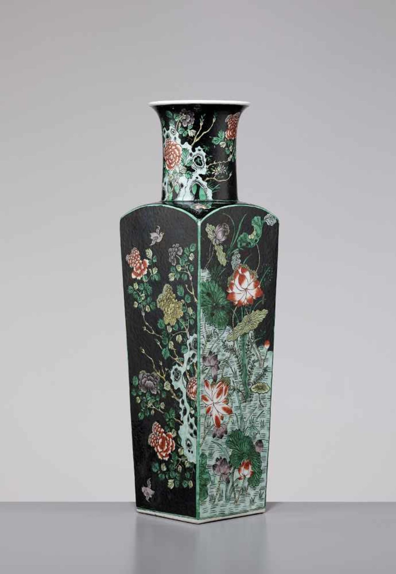 A FAMILLE NOIRE SQUARE VASE, QINGChina, 19th century. Bright yellow, aubergine and green enamels