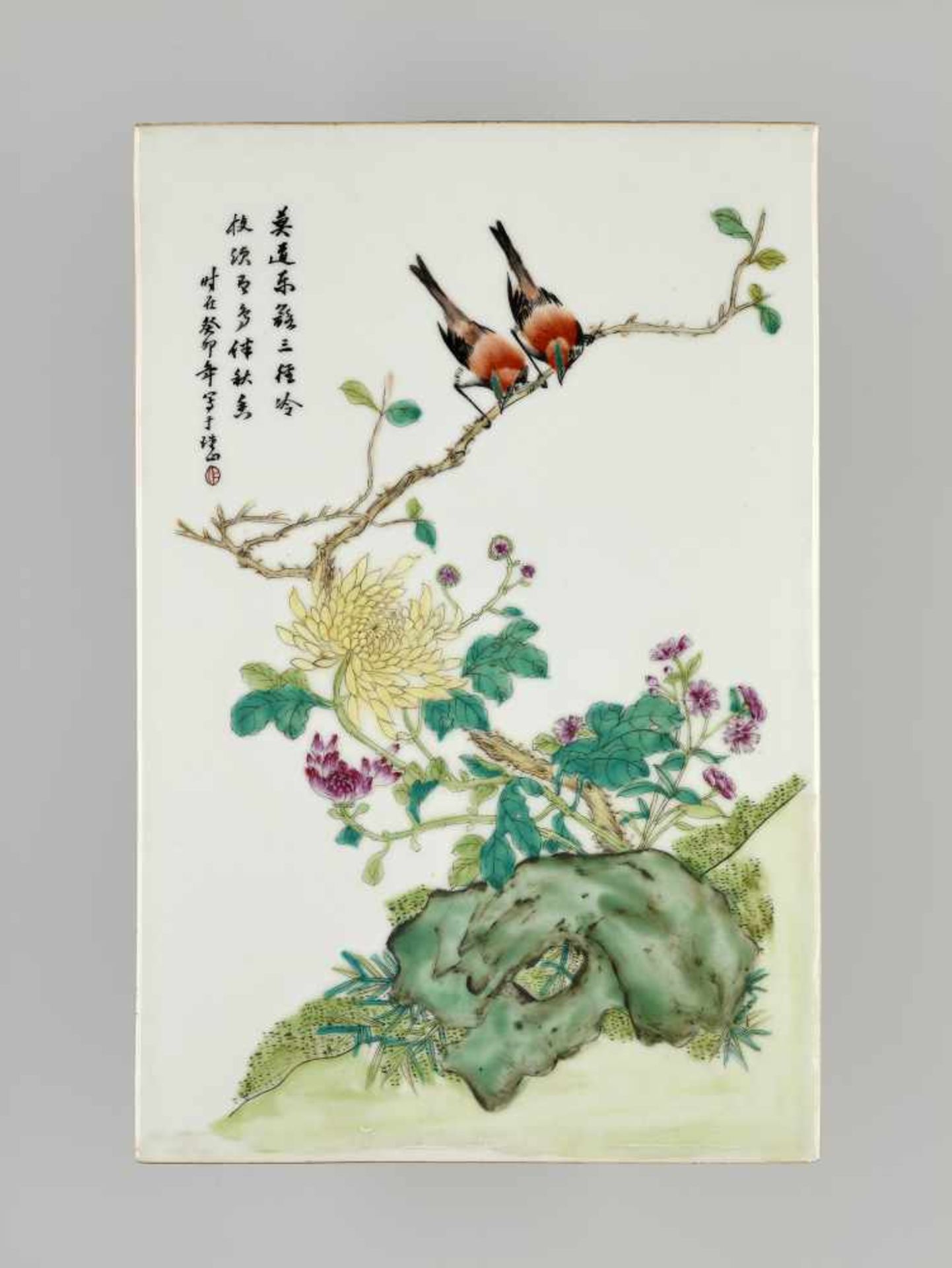 AN AUTUMN PLAQUE, PORCELAIN, 1903 China, cyclical dating guimao (1903). Painted in vivid Famille