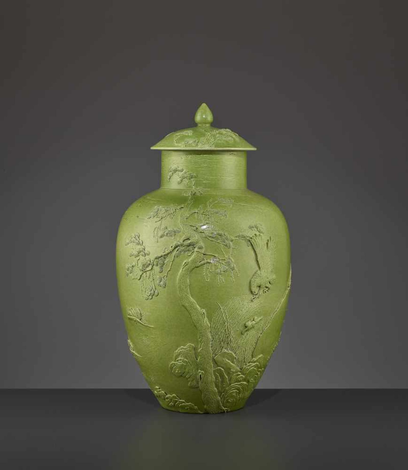 A VASE BY WANG BINGRONG (1840-1900)China. The lidded vessel with a striking lime-green glaze. Molded - Image 7 of 13