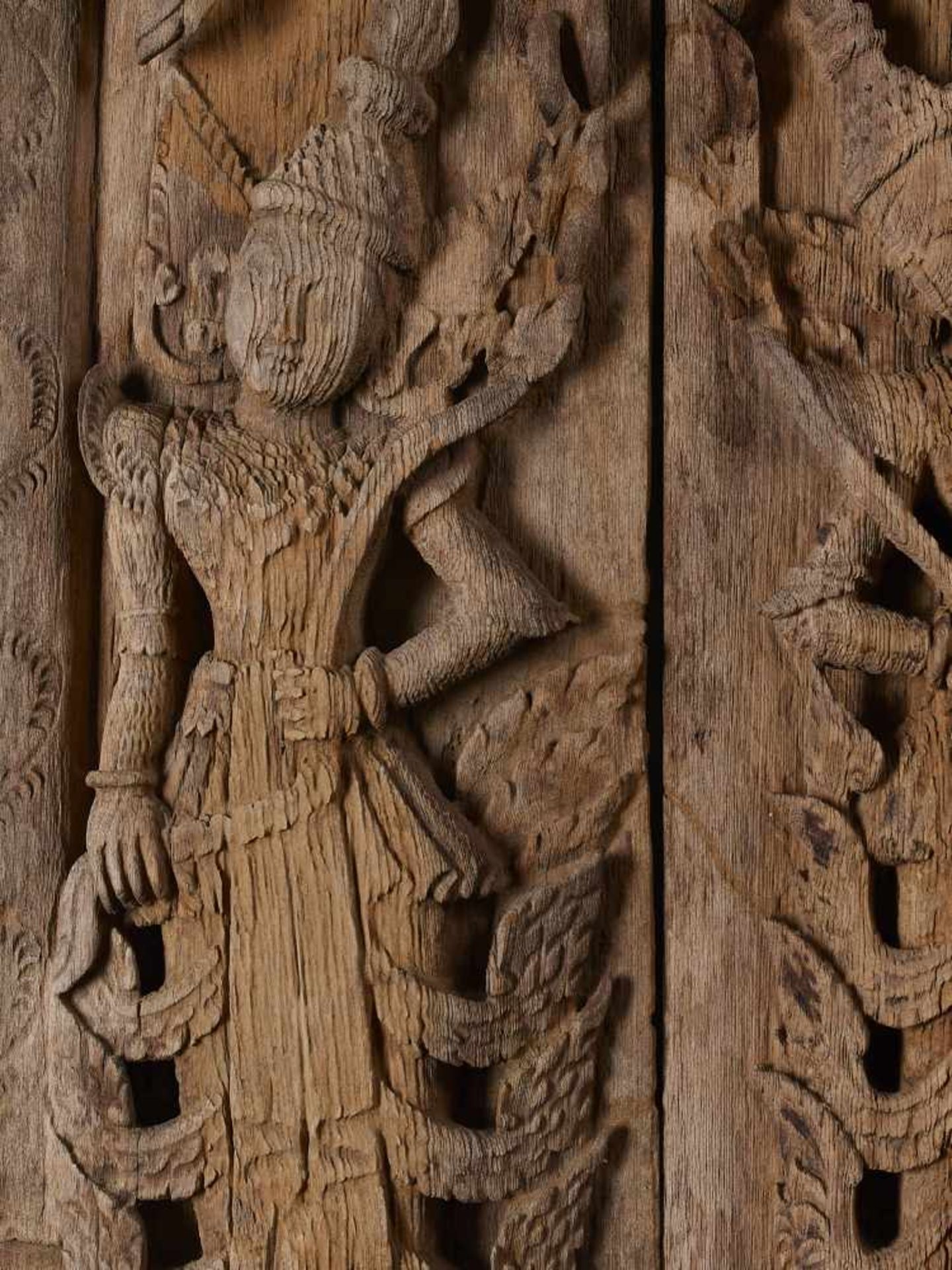 A PAIR OF BURMESE TEMPLE DOORSBurma / Myanmar, 18th - 19th century. Carved teak wood. Each with - Image 4 of 7