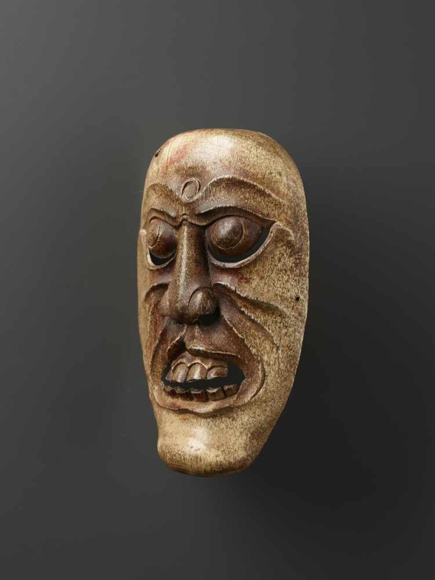 A TIBETAN YAK BONE SHAMAN MASK Tibet, 18th-19th century. Vigorously carved openwork mask with - Image 4 of 6