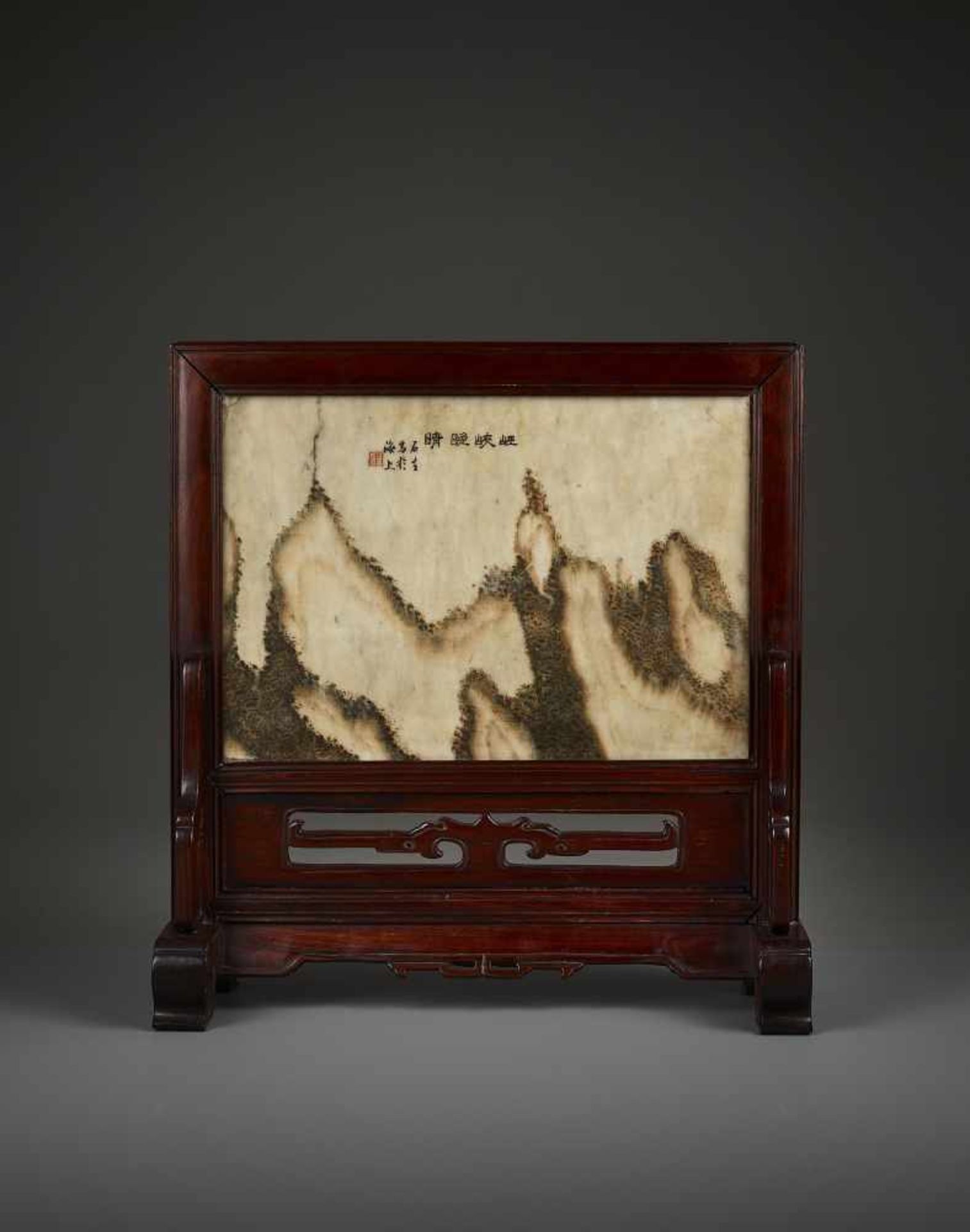 A DREAMSTONE ‘WU GORGE’ SCREEN, 18TH China, 18th century. Inscribed ‘Wu Xia Gorge clearing up in the