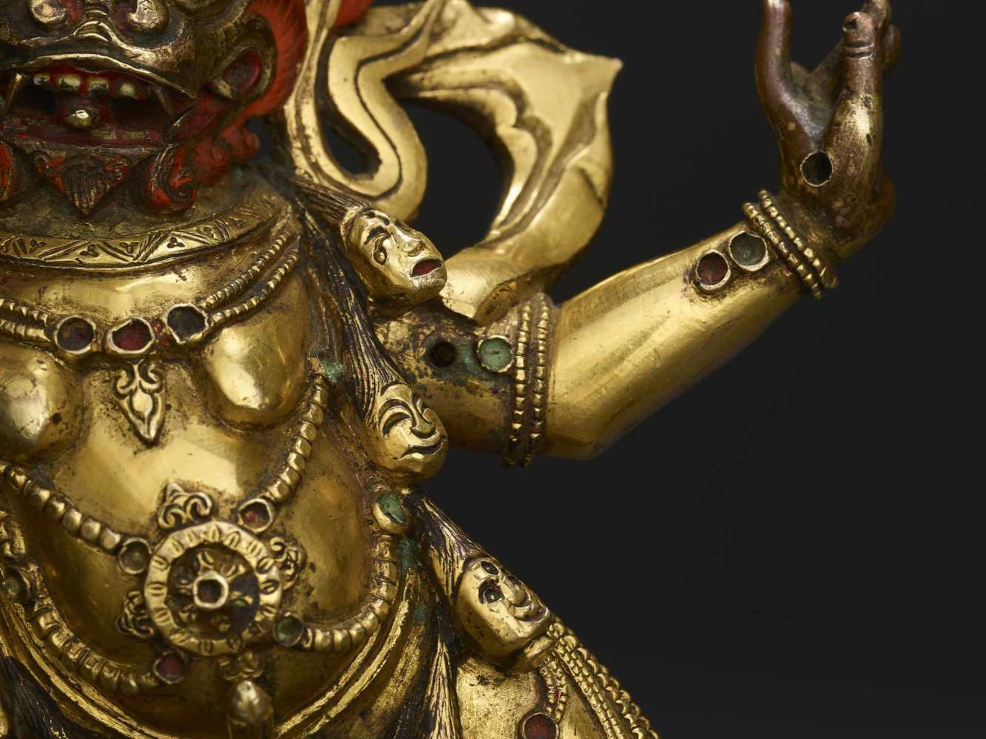 A TIBETAN BRONZE YAMA DHARMARAJA18th century. Fire gilt and incised bronze statue with dramatic cold - Image 7 of 8