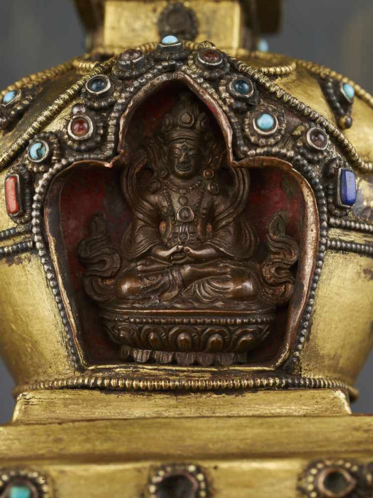 A REPOUSSE STUPA 18TH CENTURYTibet, 18TH to earlier 19TH century. A fire-gilt copper model of a - Image 2 of 11