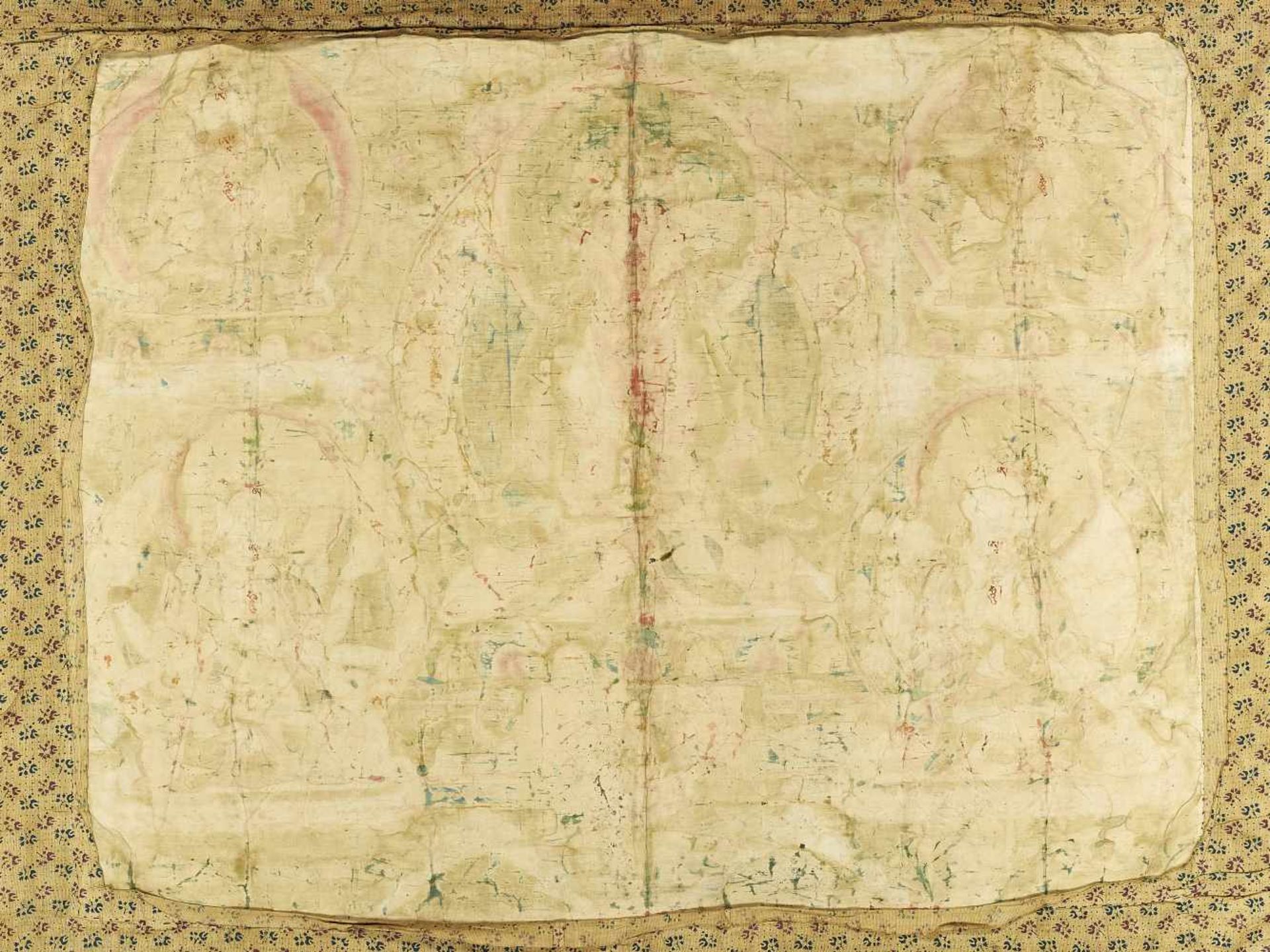 A LARGE AMITAYUS THANGKA 18TH CENTURYTibet. A very large Thangka in Chinese brocade mounting. - Image 6 of 10