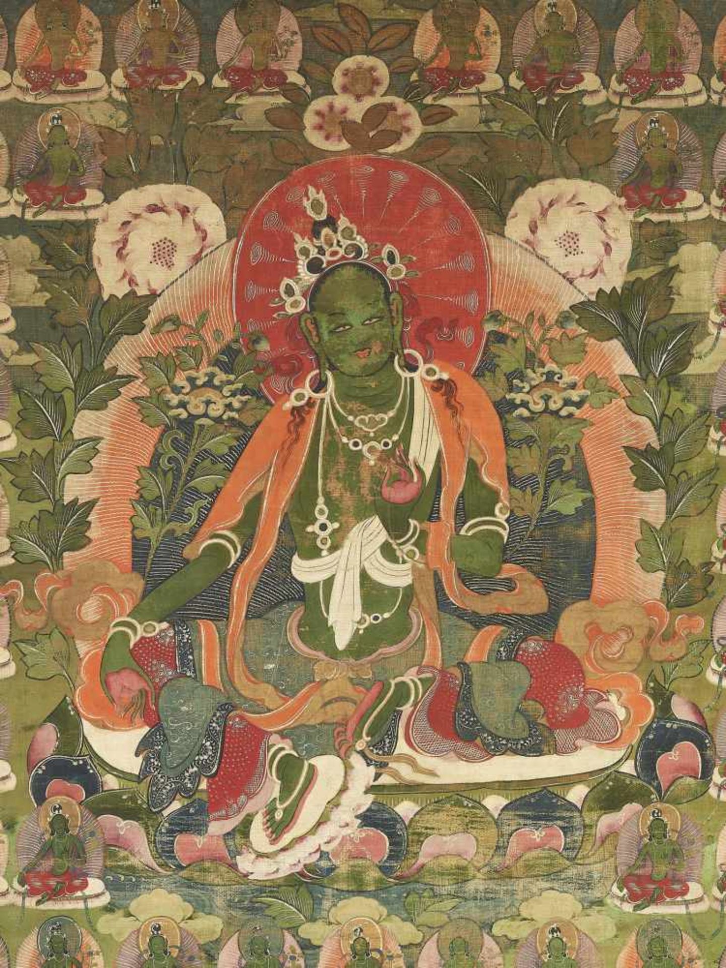 A GREEN TARA THANGKA 19TH CENTURYTibet. The bodhisattva in lalitasana, wearing elegant jewelry, - Image 2 of 4