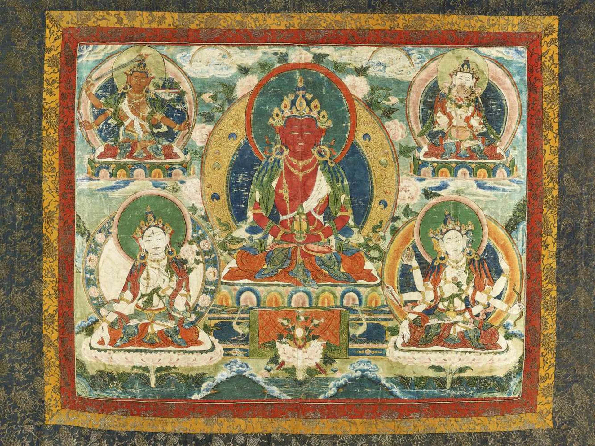 A LARGE AMITAYUS THANGKA 18TH CENTURYTibet. A very large Thangka in Chinese brocade mounting. - Image 3 of 10