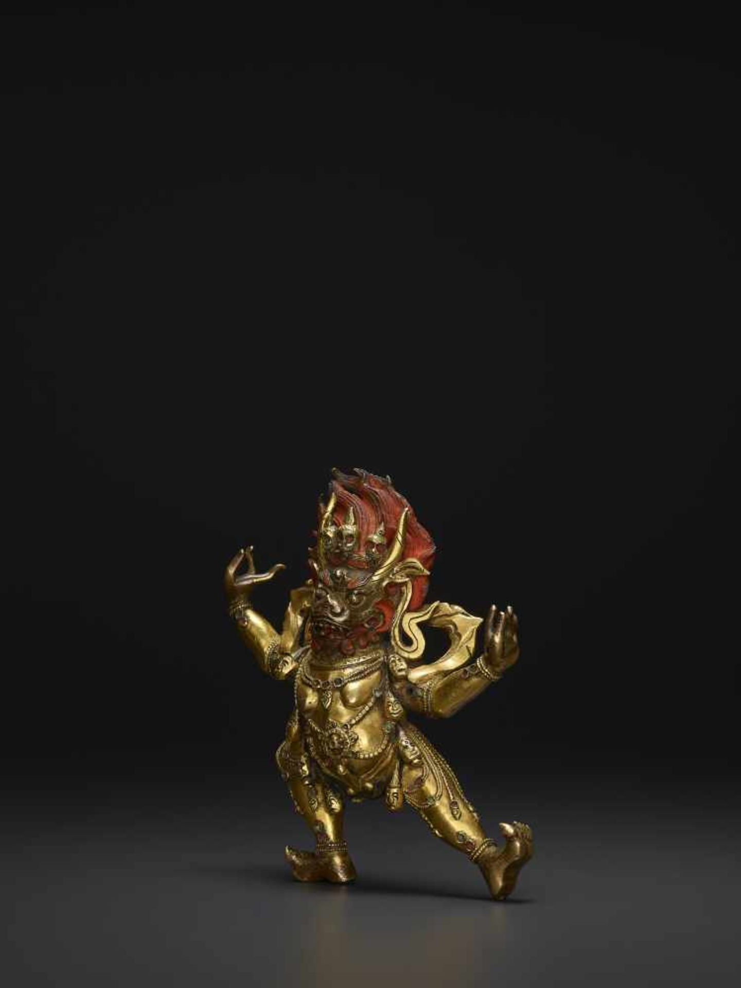 A TIBETAN BRONZE YAMA DHARMARAJA18th century. Fire gilt and incised bronze statue with dramatic cold - Image 3 of 8